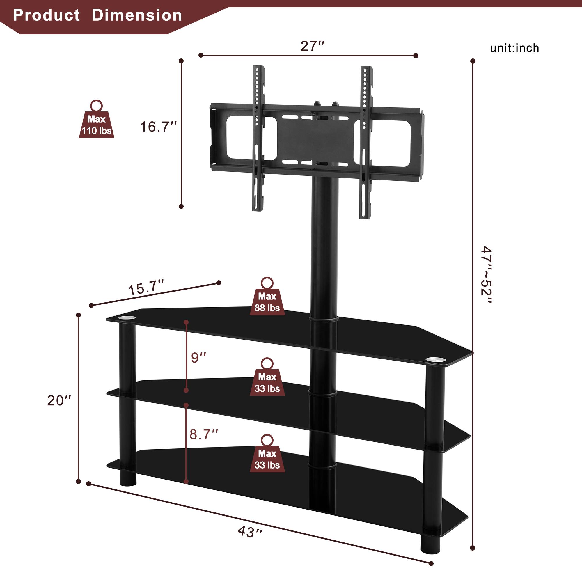 Product Dimension  
unit: inch  

- Width: 27"  
- Height: 47"~52"  
- Depth: 16.7" (Max 110 lbs)  
- Shelf 1: 15.7" (Max 88 lbs)  
- Shelf 2: 9" (Max 33 lbs)  
- Shelf 3: 8.7" (Max 33 lbs)  
- Overall Depth: 20"  
- Overall Width: 43"