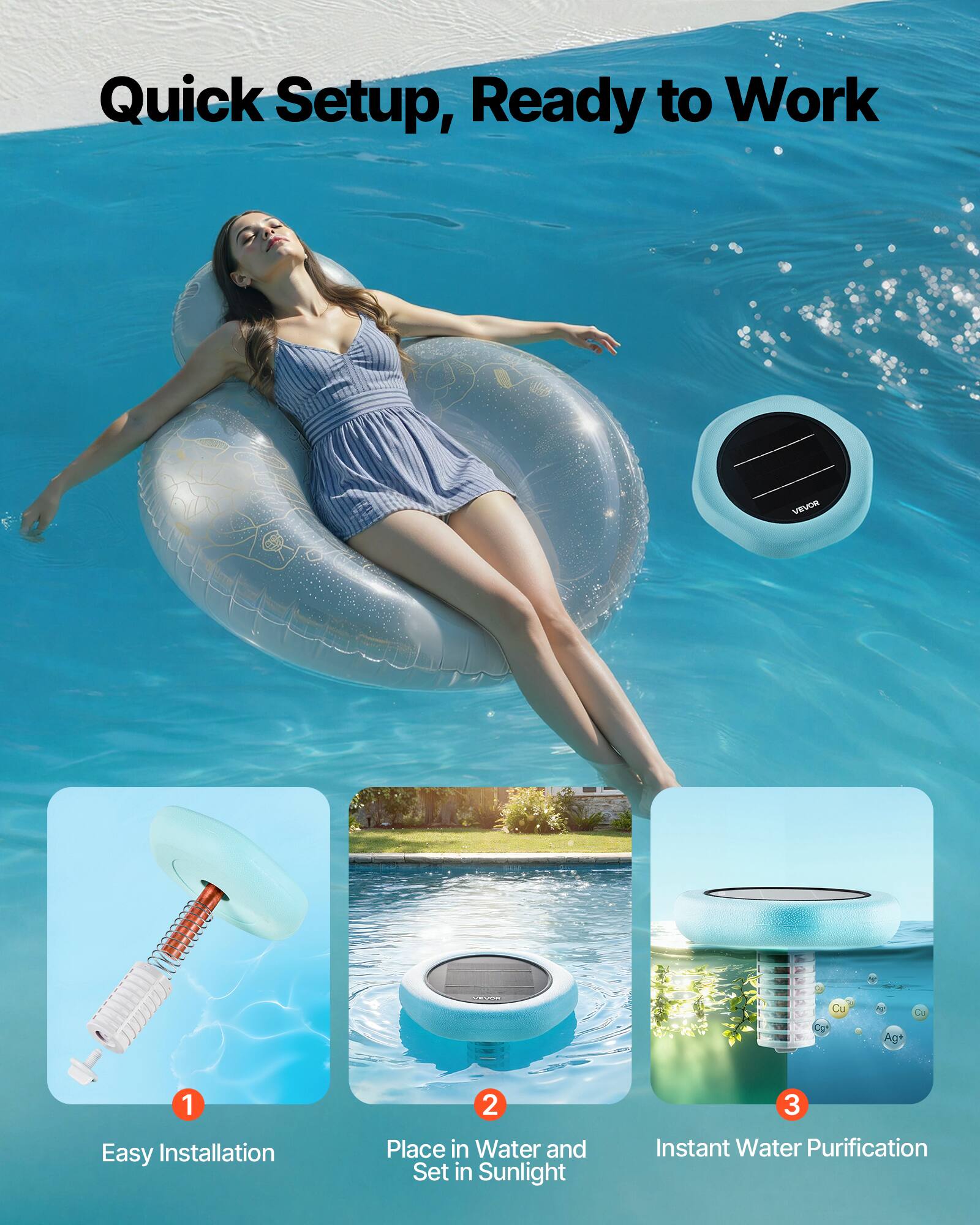 Quick Setup, Ready to Work

1. Easy Installation
2. Place in Water and Set in Sunlight
3. Instant Water Purification
