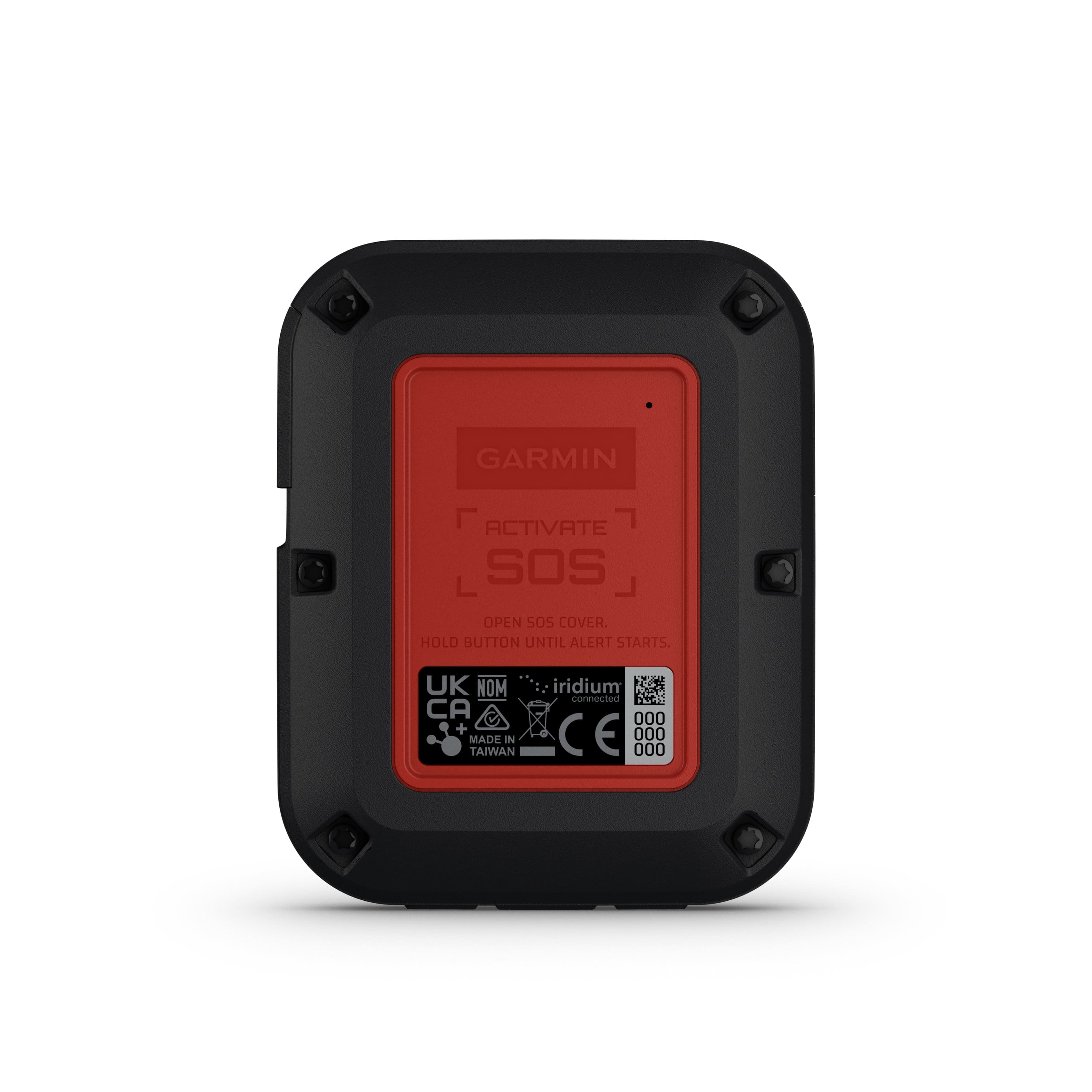 Garmin Activate SOS L Open SOS Cover. Hold button until alert starts. UK Nom CA + Made in Taiwan iridium netsat 000 C E 000 000.