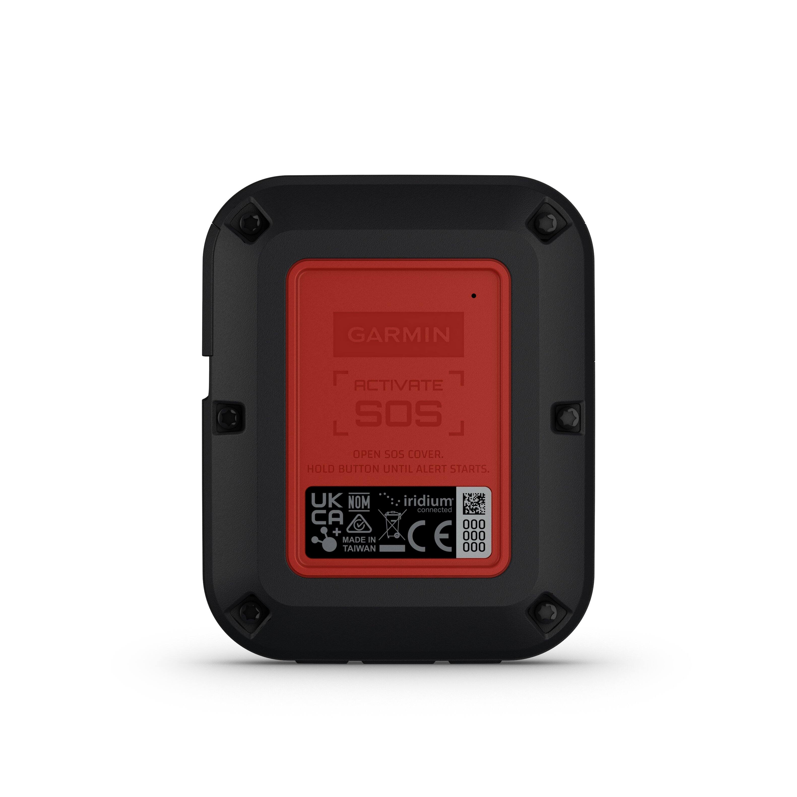 Garmin Activate SOS L Open SOS Cover. Hold button until alert starts. UK Nom CA + Made in Taiwan iridium netsat 000 C E 000 000.