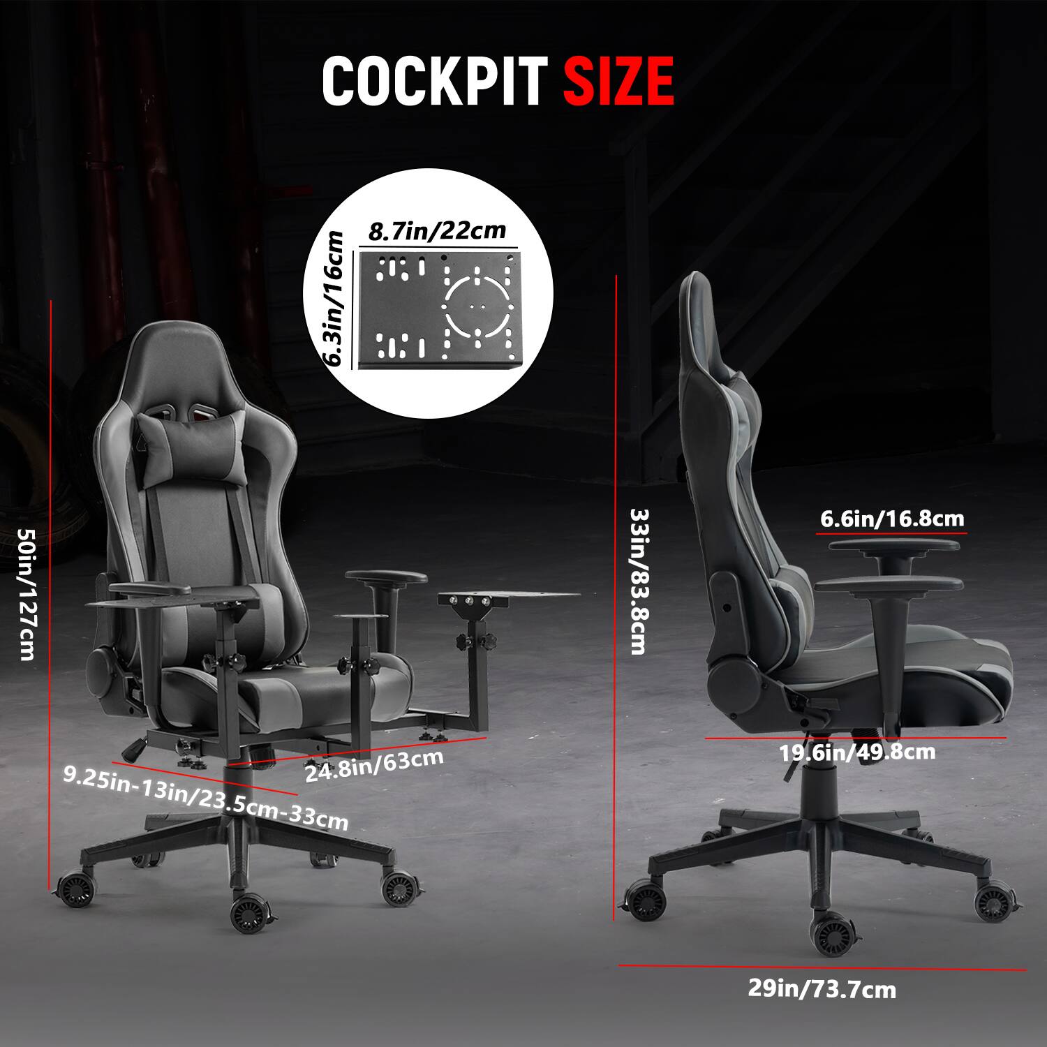 COCKPIT SIZE

- 8.7in/22cm
- 6.3in/16cm
- 50in/127cm
- 24.8in/63cm
- 9.25in-13in/23.5cm-33cm
- 33in/83.8cm
- 6.6in/16.8cm
- 19.6in/49.8cm
- 29in/73.7cm
