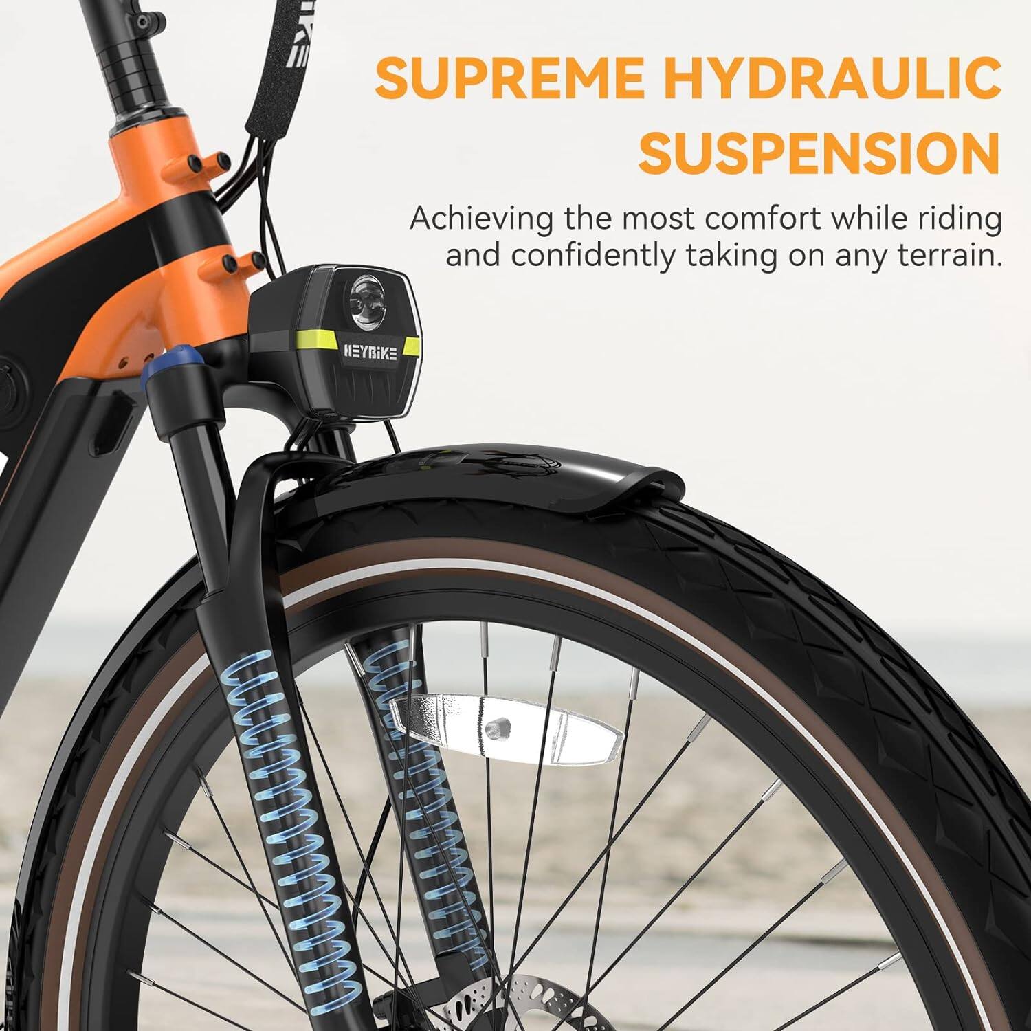 The text on the image reads: "SUPREME HYDRAULIC SUSPENSION Achieving the most comfort while riding and confidently taking on any terrain."