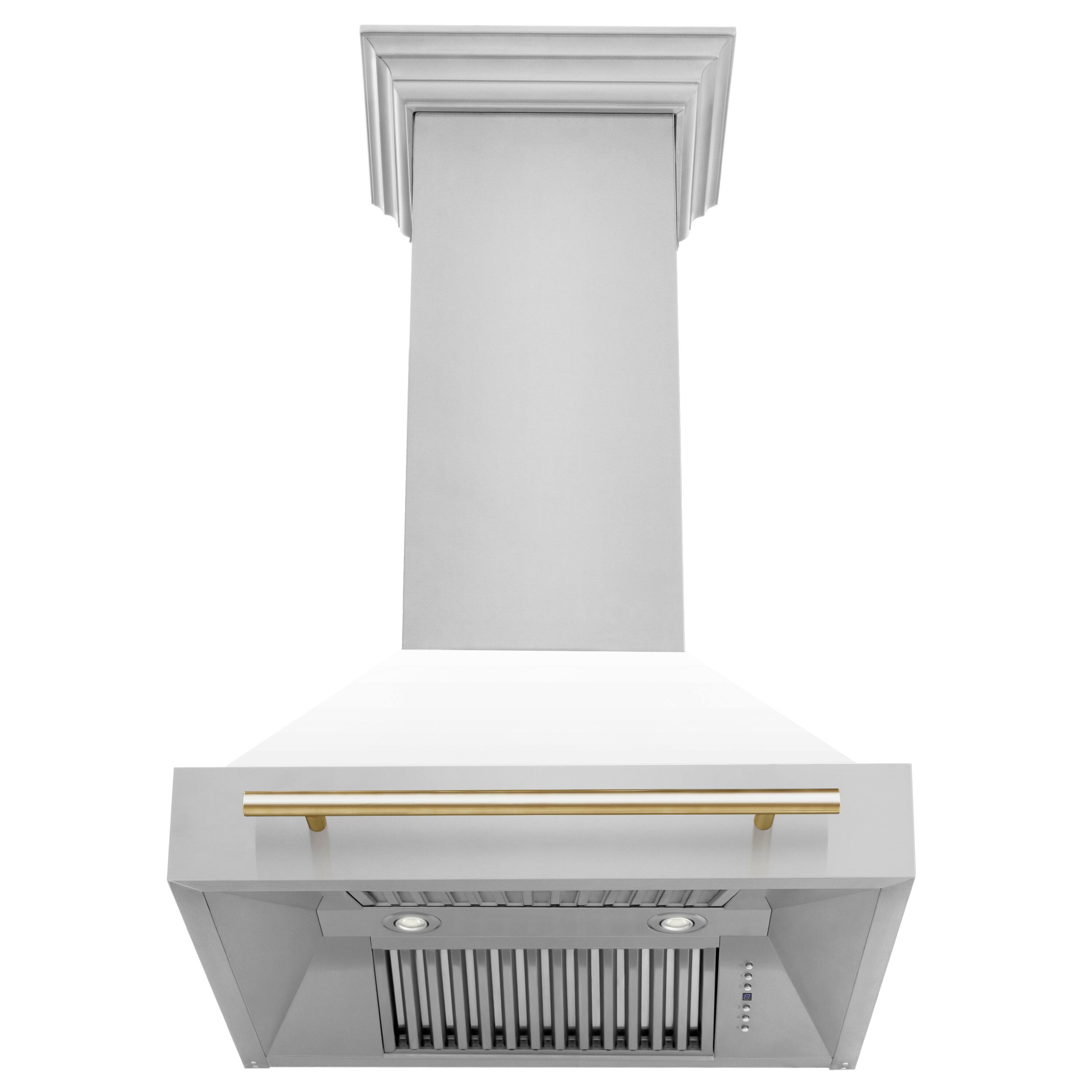 Back. ZLINE - ZLINE Autograph Edition 30 in. Stainless Steel Range Hood with White Matte Shell and Polished Gold Handle - Stainless Steel.
