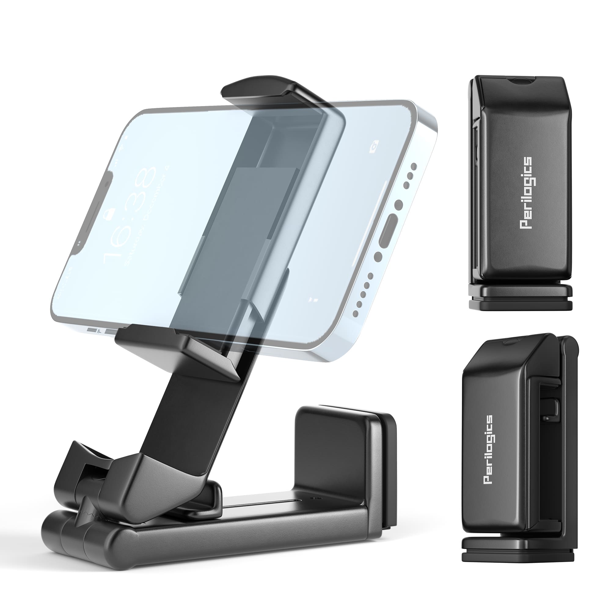 Perilogics - Portable Universal Travel Phone Holder – Adjustable, Foldable & Secure Mount for On-the-Go Use - Black
