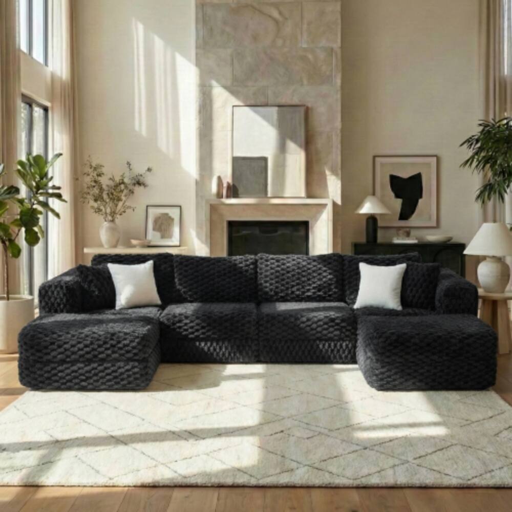 Angle. LUCKY ONE - 135.4" Modular Boneless Sectional Sofa w/ Two Movable Ottomans Bubble Velvet - Black.