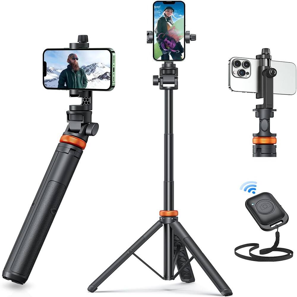 Front. Schertz - 62" Extendable Phone Tripod with Remote, Selfie Stick & Travel Stand – Compatible with iPhone & Android.