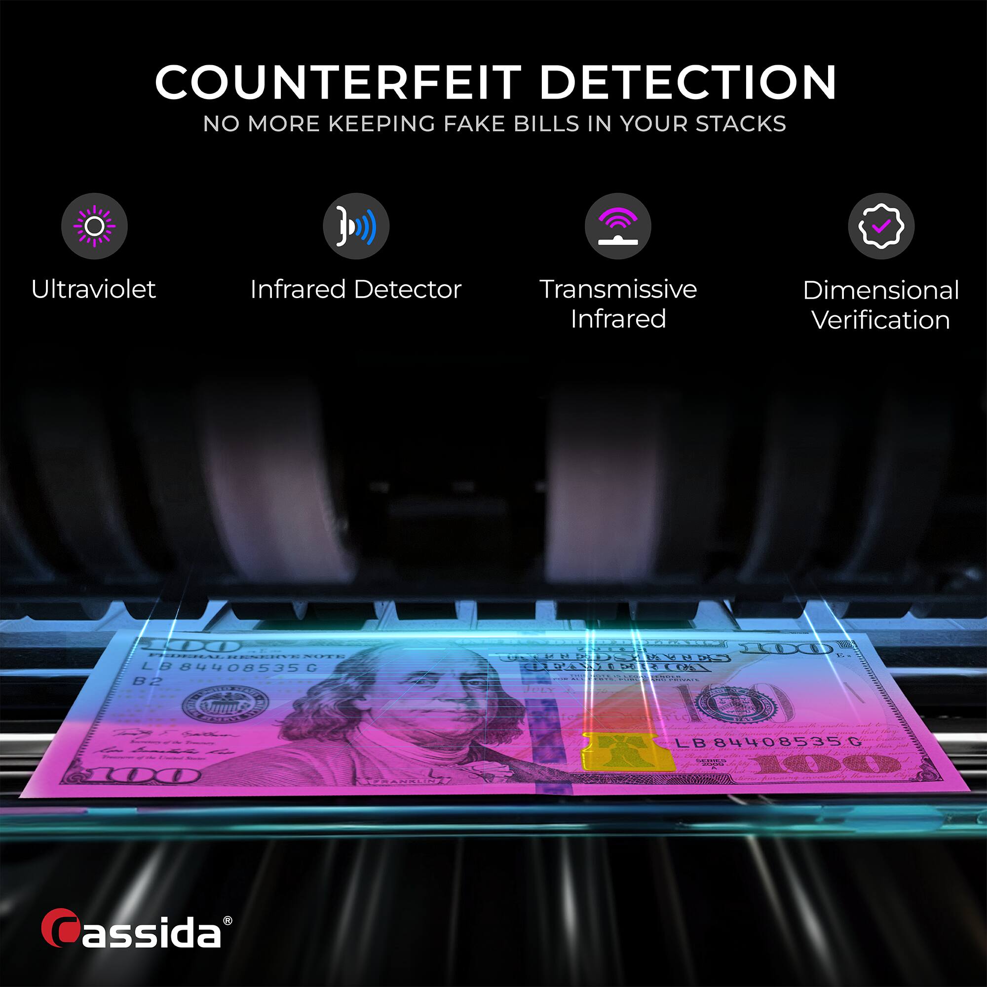 COUNTERFEIT DETECTION  
NO MORE KEEPING FAKE BILLS IN YOUR STACKS  

- Ultraviolet  
- Infrared Detector  
- Transmissive Infrared  
- Dimensional Verification  

LB 84408535C  
B2  

Cassida