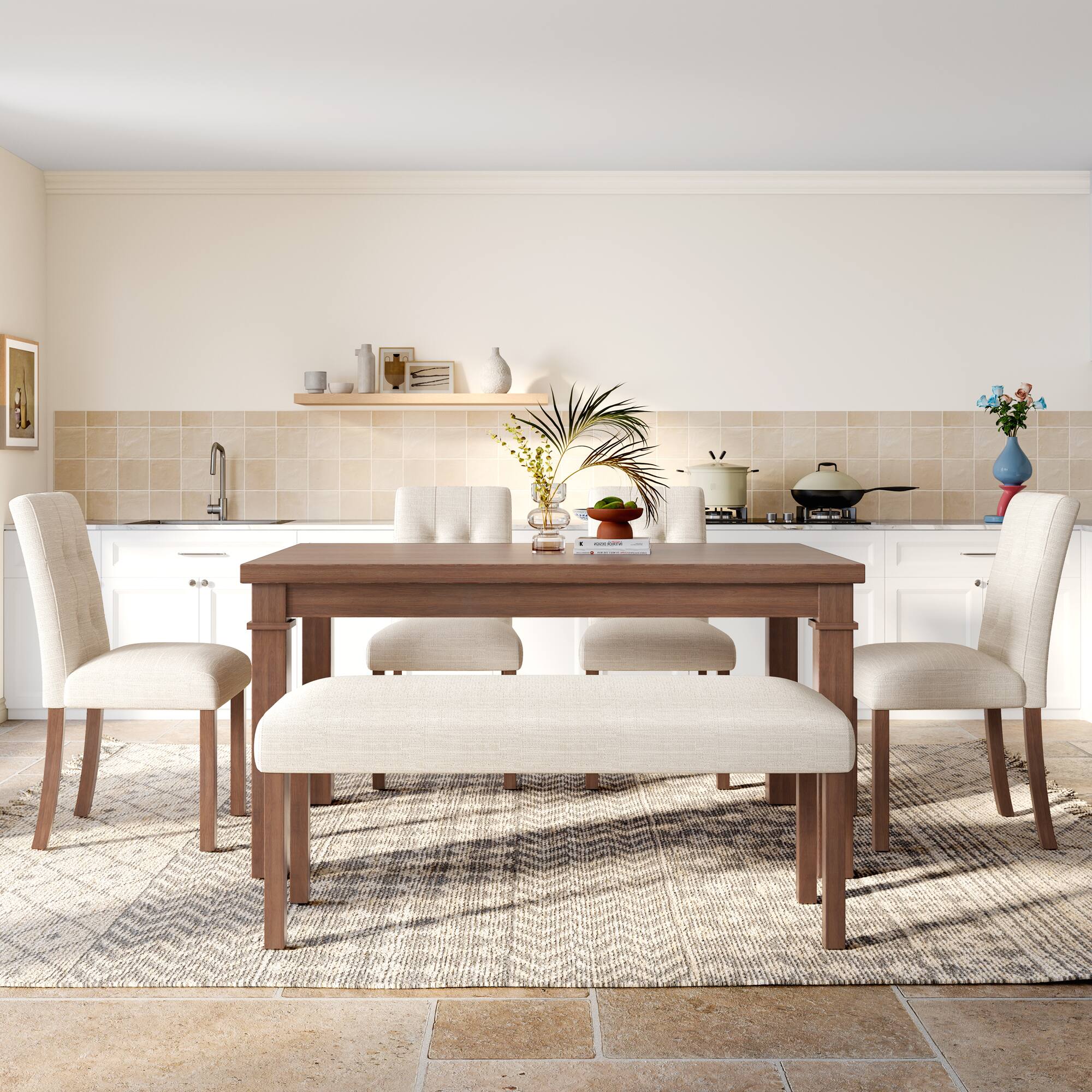 Back. APRILSOUL - 6-Piece Modern Dining Set Rectangle Kitchen Table with 4 Upholstered Chairs and Bench Ideal for Dining Room - Walnut.