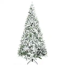 BreeBe - 9 ft Tall Unlit Snow Flocked Pine Artificial Christmas Tree with Realistic Branches - Green