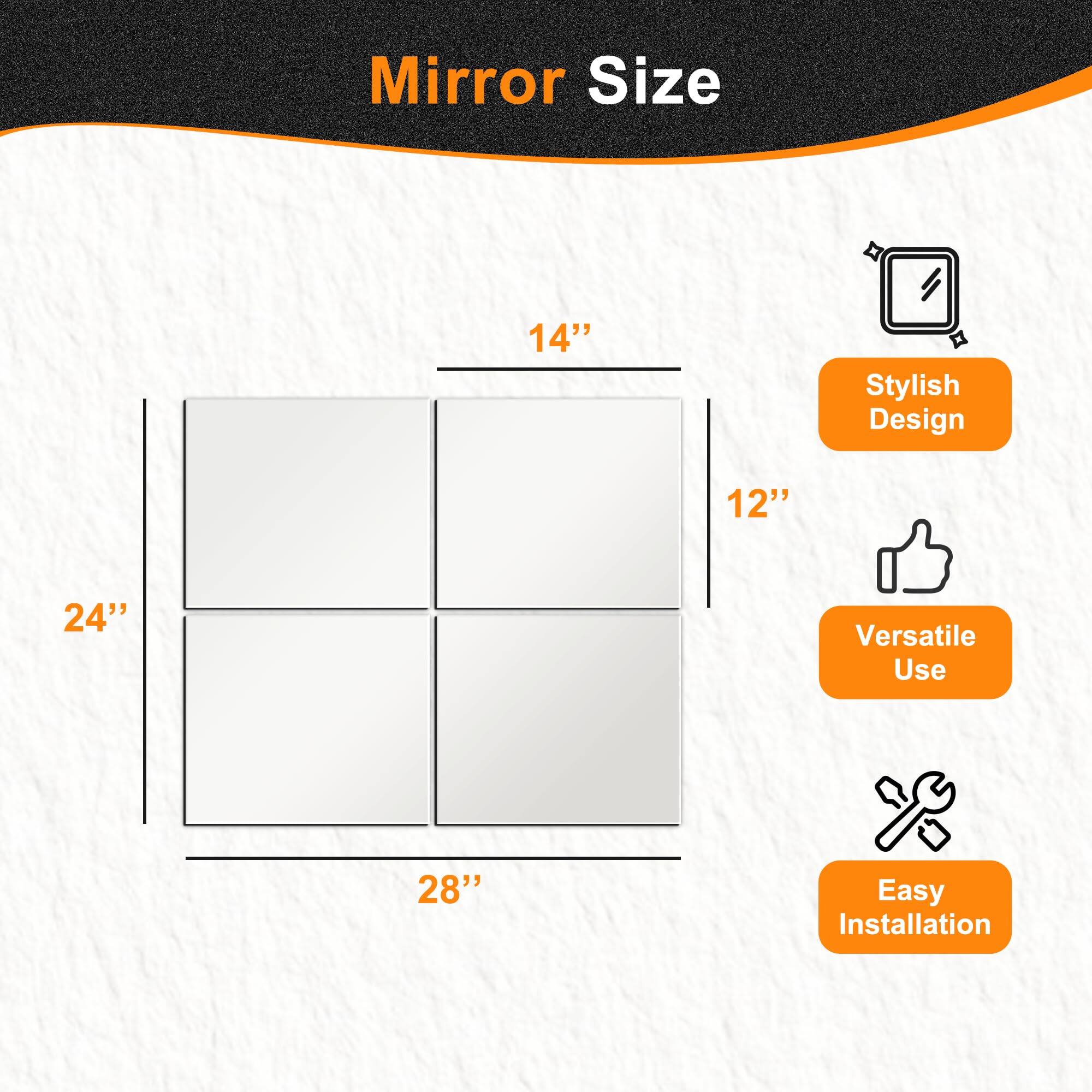 Mirror Size

- 14"
- 12"
- 24"
- 28"

Stylish Design

Versatile Use

Easy Installation