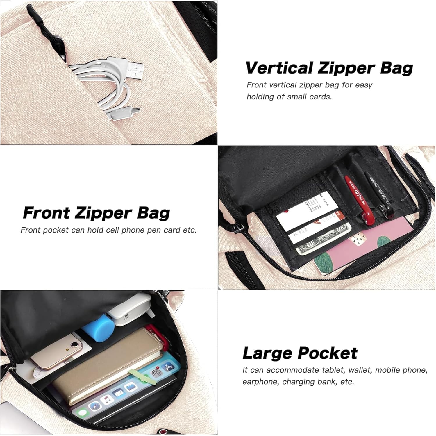 Vertical Zipper Bag  
Front vertical zipper bag for easy holding of small cards.

Front Zipper Bag  
Front pocket can hold cell phone, pen, card, etc.

Large Pocket  
It can accommodate tablet, wallet, mobile phone, earphone, charging bank, etc.