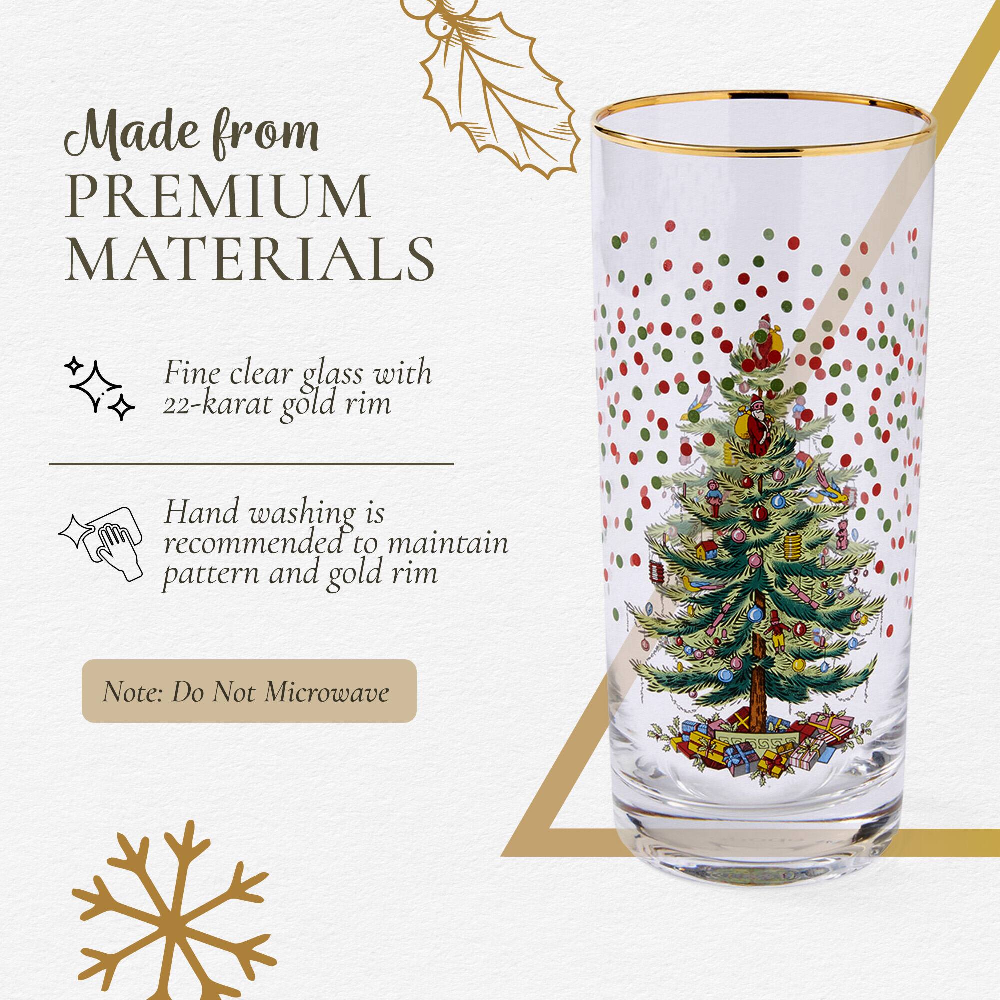 Made from PREMIUM MATERIALS

Fine clear glass with 22-karat gold rim

Hand washing is recommended to maintain pattern and gold rim

Note: Do Not Microwave