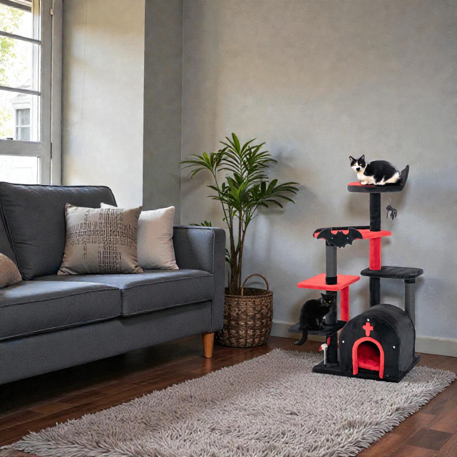 BreeBe - 53" Gothic-Style Cat Tower with Cozy Top Bed and Arched Hideaway Condo - Black