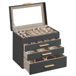Songmics Home - Jewelry Box with Glass Lid, 4-Layer Jewelry Organizer, 3 Drawers, for Sunglasses, Big Jewelry, Jewelry Storage - Slate Gray and Gold