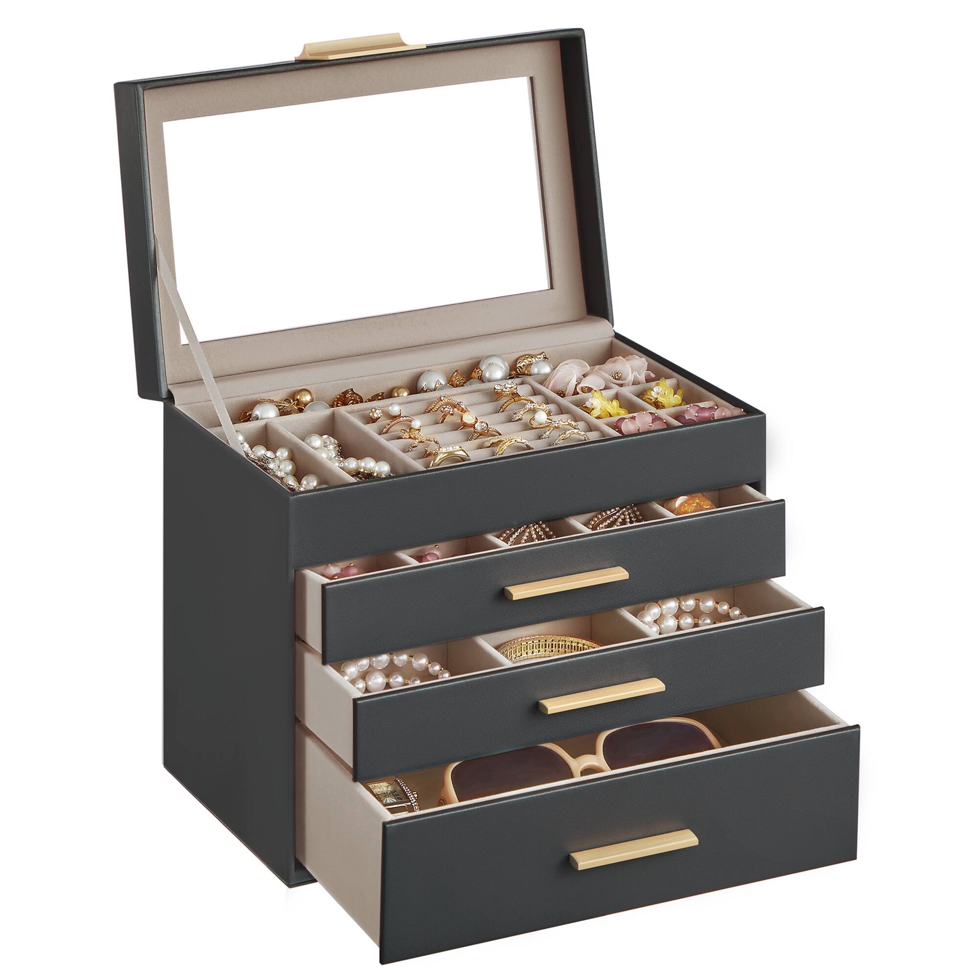 Front. Songmics Home - Jewelry Box with Glass Lid, 4-Layer Jewelry Organizer, 3 Drawers, for Sunglasses, Big Jewelry, Jewelry Storage - Slate Gray and Gold.