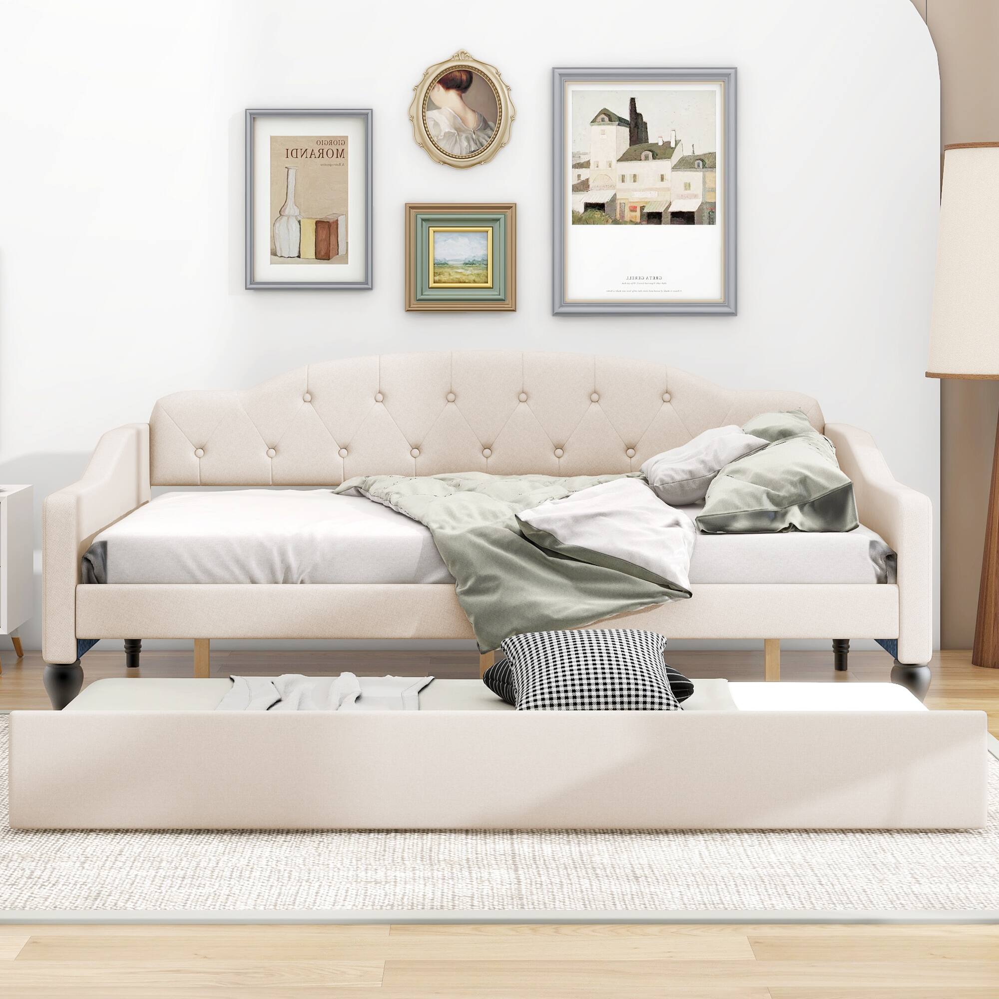 Angle. Tiramisubest - Full Size Upholstered Tufted Daybed with Twin Size Trundle, Beige - Beige.