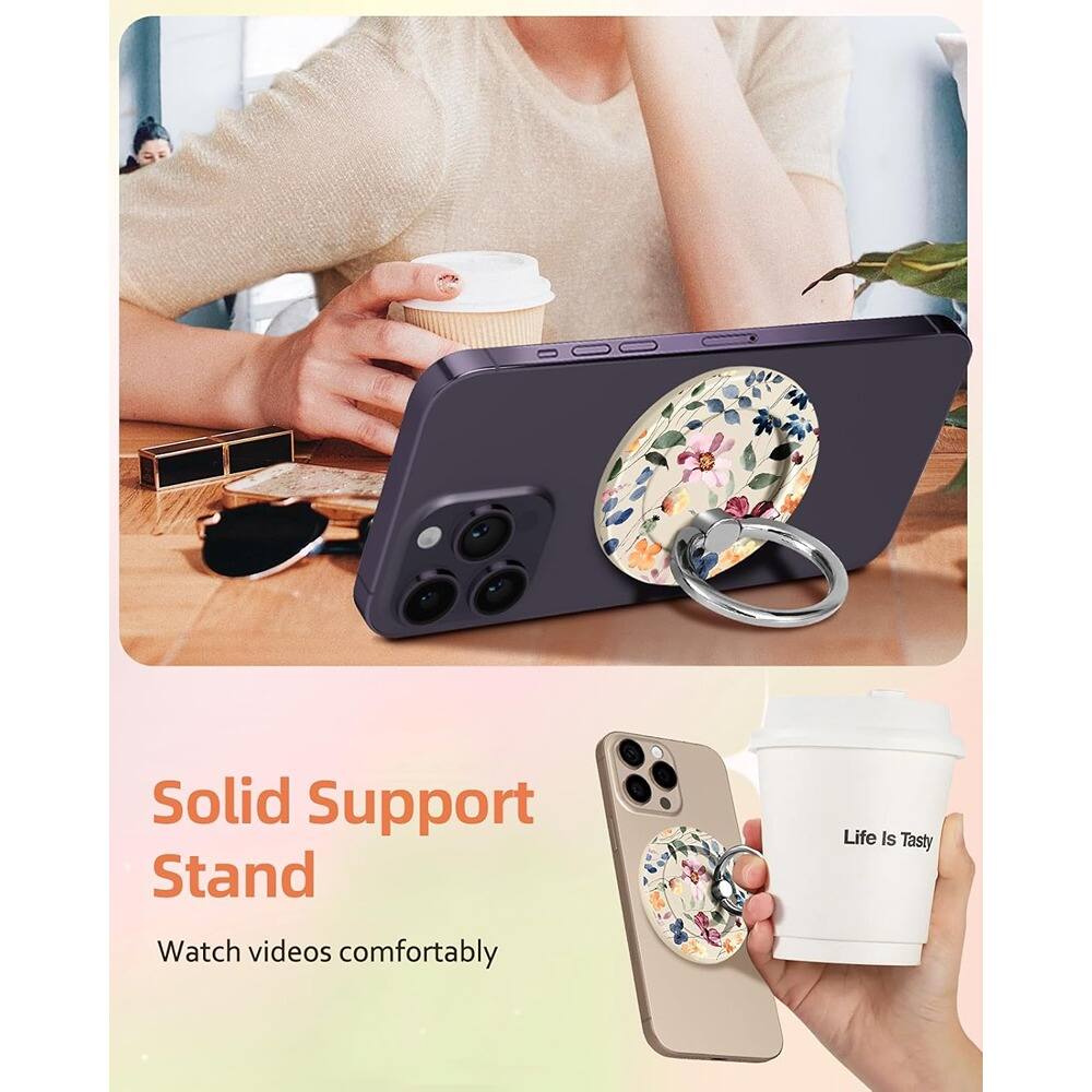 Left. PARKER SLATER - Magnetic Phone Ring Holder for MagSafe iPhone 17–12, Leaf Flower Design - Multicolor.
