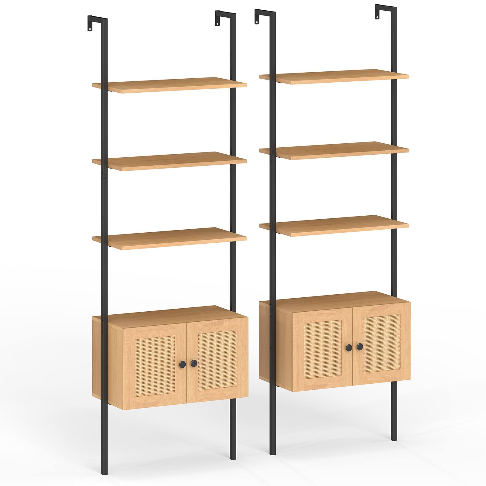 Alt View 9. Gymax - Gymax 2 PCS Wall-Mounted Ladder Shelf 5-tier Bookshelf w/ Rattan-Door Cabinet Display Rack - Natural.