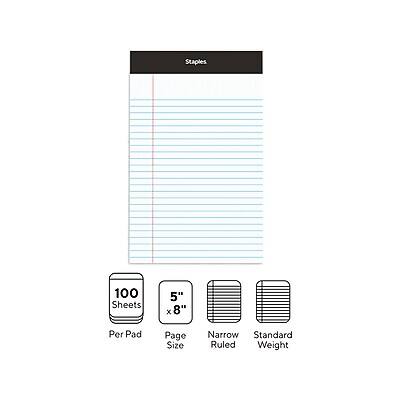 Staples  
100 Sheets Per Pad  
5" x 8" Page Size  
Narrow Ruled  
Standard Weight