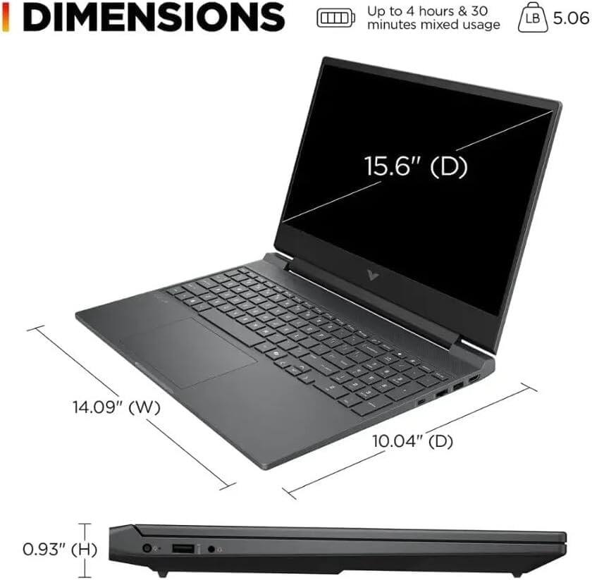 Up to 4 hours & 30 minutes mixed usage  
LB 5.06  

DIMENSIONS  
15.6" (D)  
14.09" (W)  
10.04" (D)  
0.93" (H)