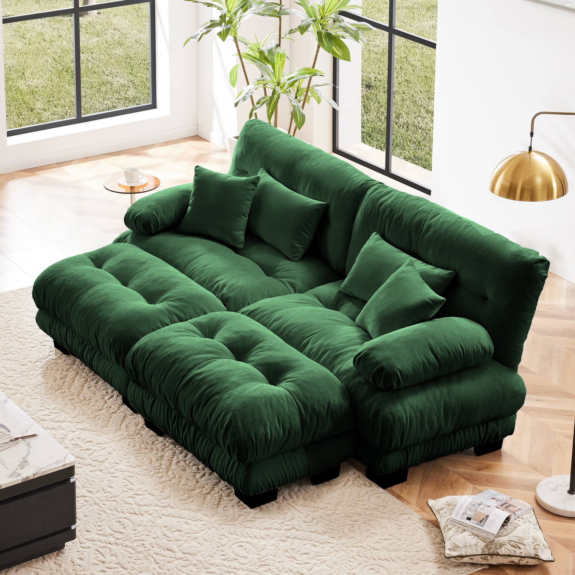 DOMETOUR - Cloud Couch Chenille 2 Seater sofa with 2 Lumbar pillows and 2 throw pillows Upholstered Wide Arm Sofa with 2 Ottomans - Chenille Green
