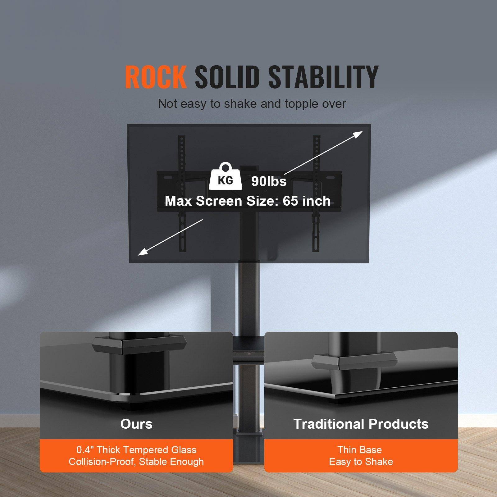 **ROCK SOLID STABILITY**  
Not easy to shake and topple over

- **Max Screen Size:** 65 inch
- **Weight Capacity:** 90 lbs

**Ours**  
0.4" Thick Tempered Glass  
Collision-Proof, Stable Enough

**Traditional Products**  
Thin Base  
Easy to Shake