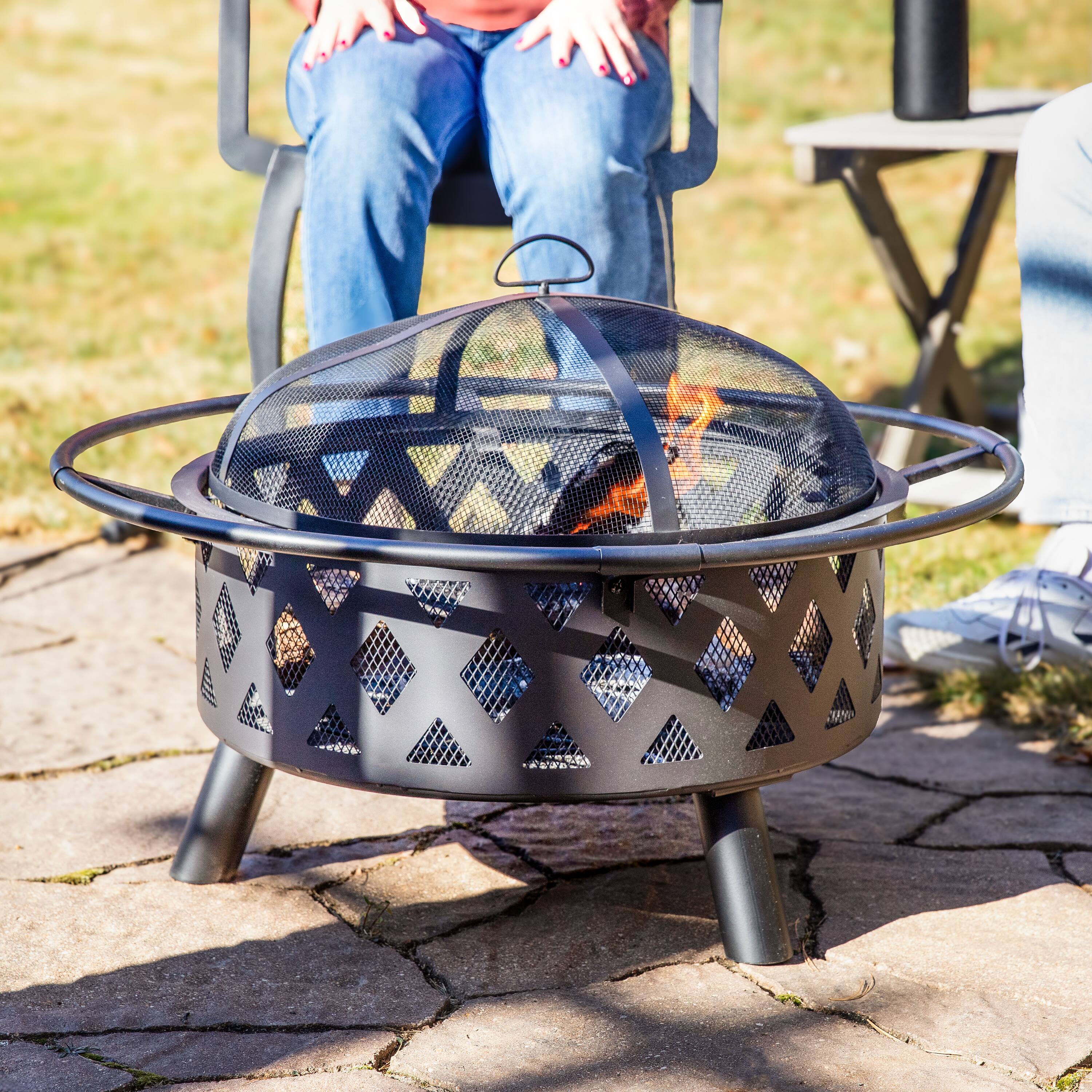 Alt View 9. Sunnydaze - 30 in Steel Crossweave Fire Pit with Spark Screen - Black.