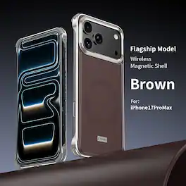 Dteck - Luxury PU Leather Alloy Frame Case for Apple iPhone 17 Pro Max, Shockproof Aluminum Magnetic Wireless Charge Phone Cover - Brown