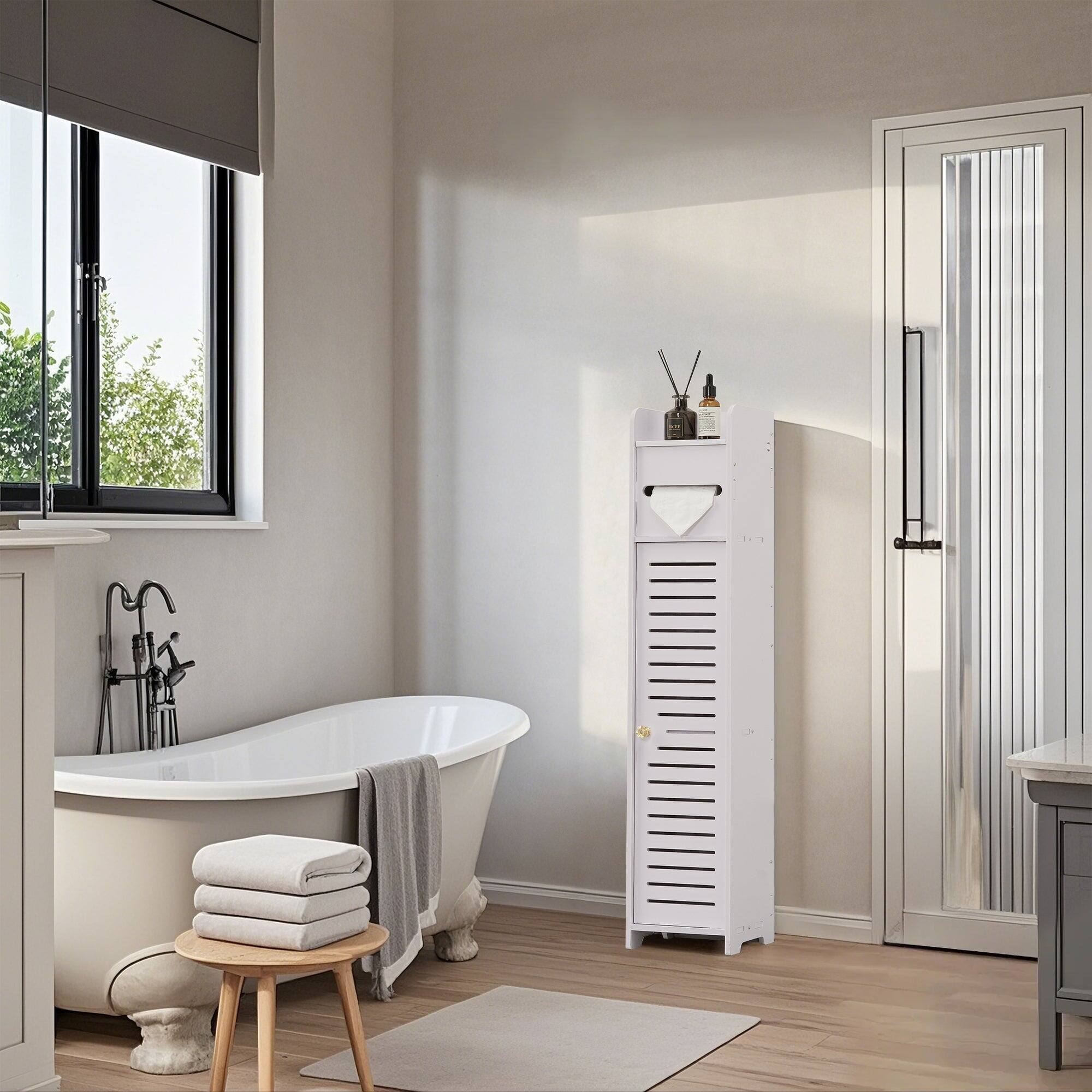 Left. Vecelo - Narrow Bathroom Storage Cabinet with Toilet Paper Organizer-Space-Saving, Perfect for Small Bathrooms & Next to Toilets - White.