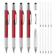 Front. Unique Bargains - 4pcs 6 in 1 Multitool Tech Tool Pen with Ballpoint Pen, Ruler, Screwdriver, Stylus, Level Gauge, Refills for Birthday - Red.