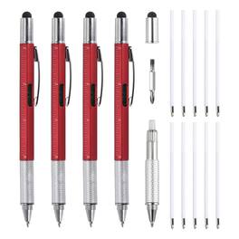 Unique Bargains - 4pcs 6 in 1 Multitool Tech Tool Pen with Ballpoint Pen, Ruler, Screwdriver, Stylus, Level Gauge, Refills for Birthday - Red