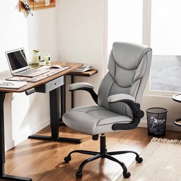 Angle. Sweet - High Back Ergonomic Executive Office Chair with Lumbar Support Flip-Up Armrests, PU Leather Desk Chair, Gray - Gray.