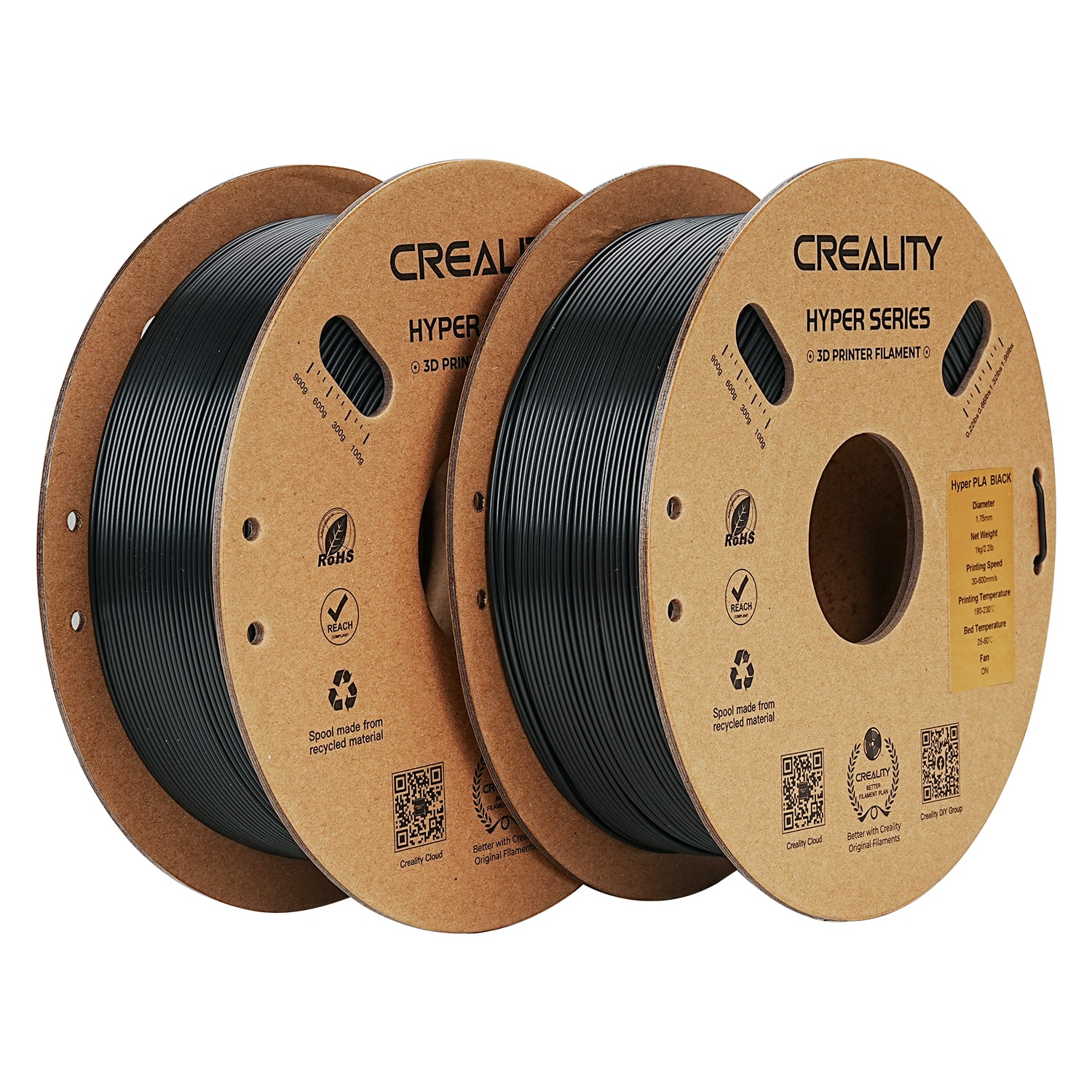 Creality - 1.75 mm Hyper PLA Filament for High-Speed Printing, 2-Pack, 4.4 lbs/2kg - Black - Front_Zoom