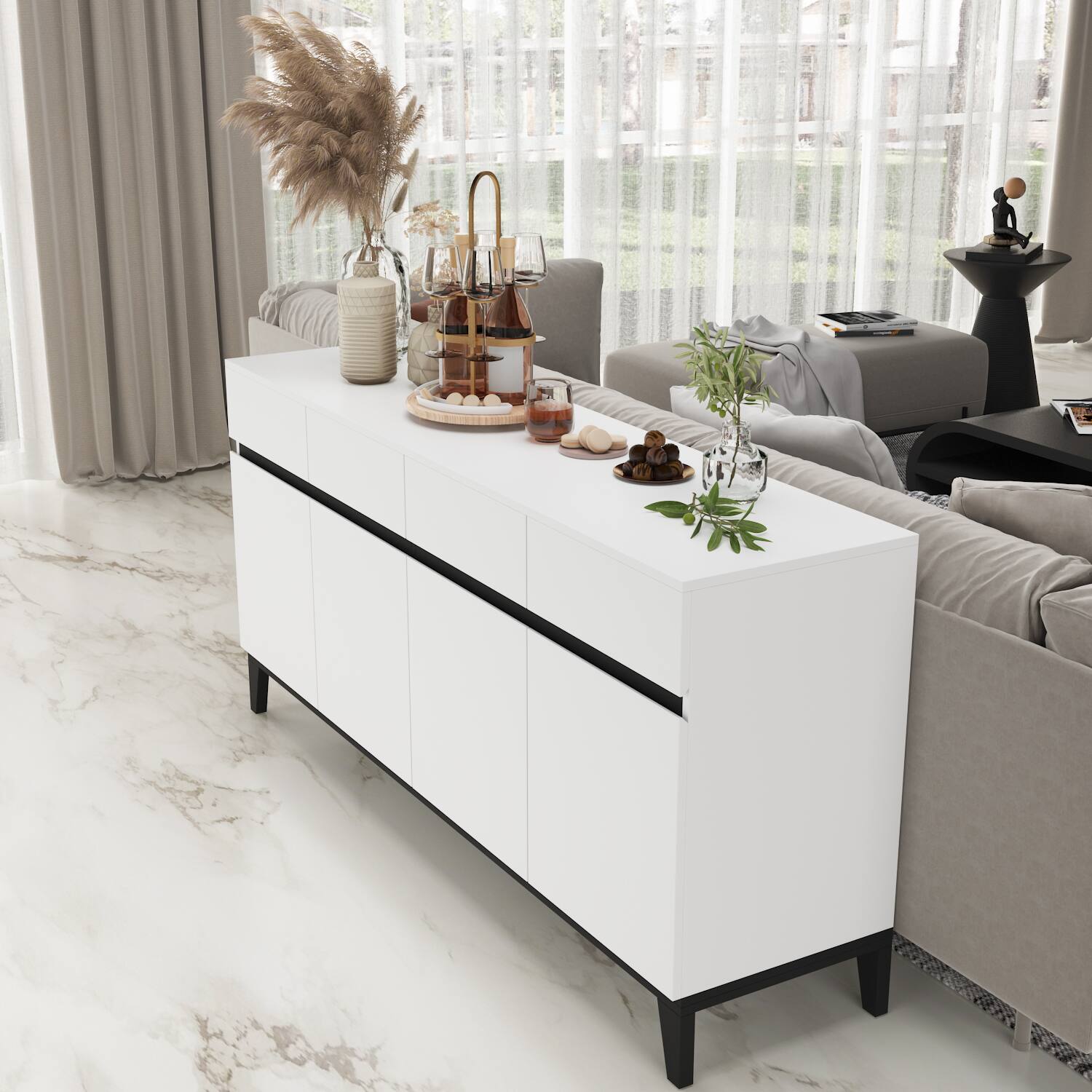 Back. FUFU & GAGA - Modern Buffet Sideboard Cabinet with Drawers and Adjustable Storage for Dining Room Kitchen and Living Room - White.