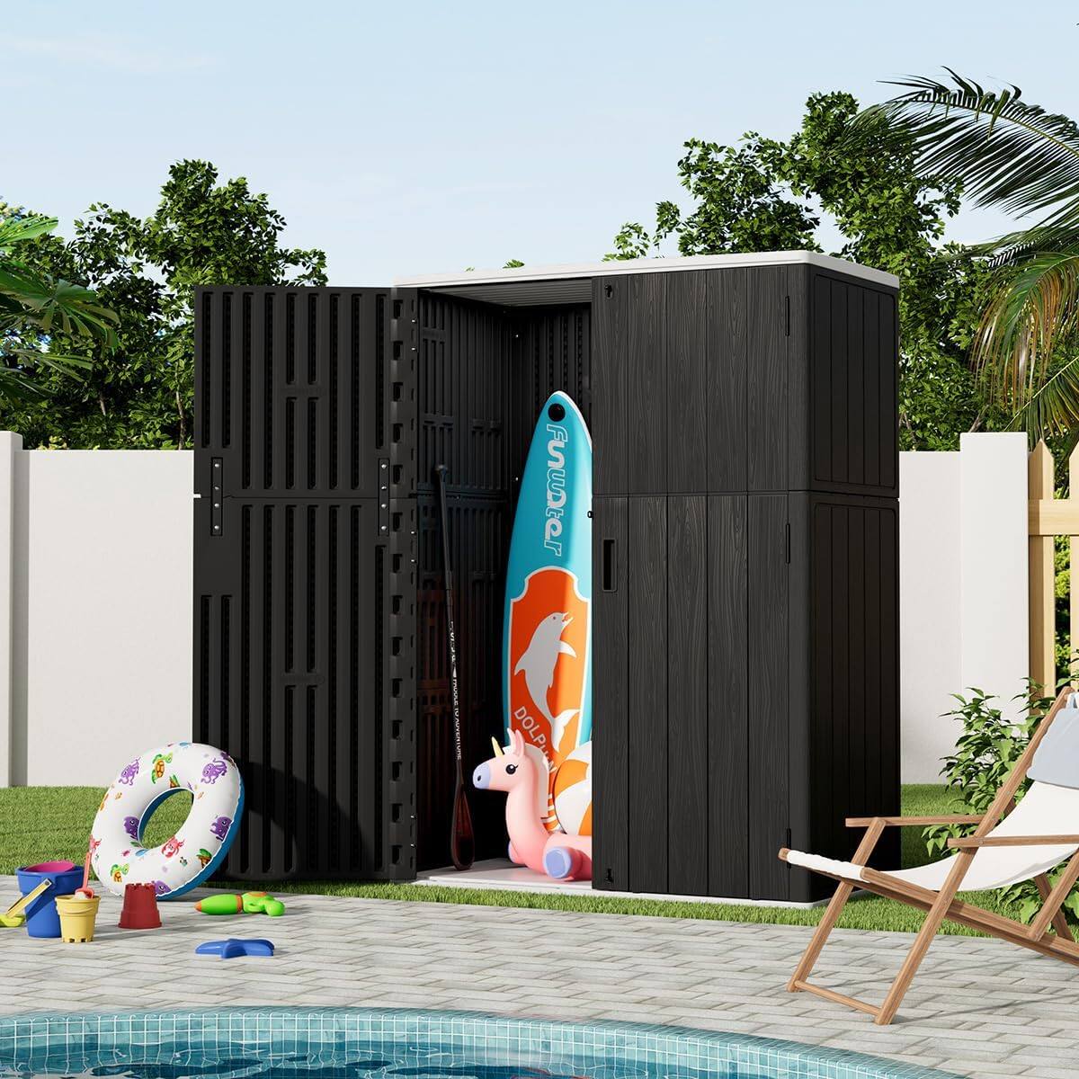 Left. Decksplore - Outdoor Vertical Storage Shed Outdoor Storage Cabinet Waterproof Outdoor Storage for Garden,Patio with 6 Shelve - Black.