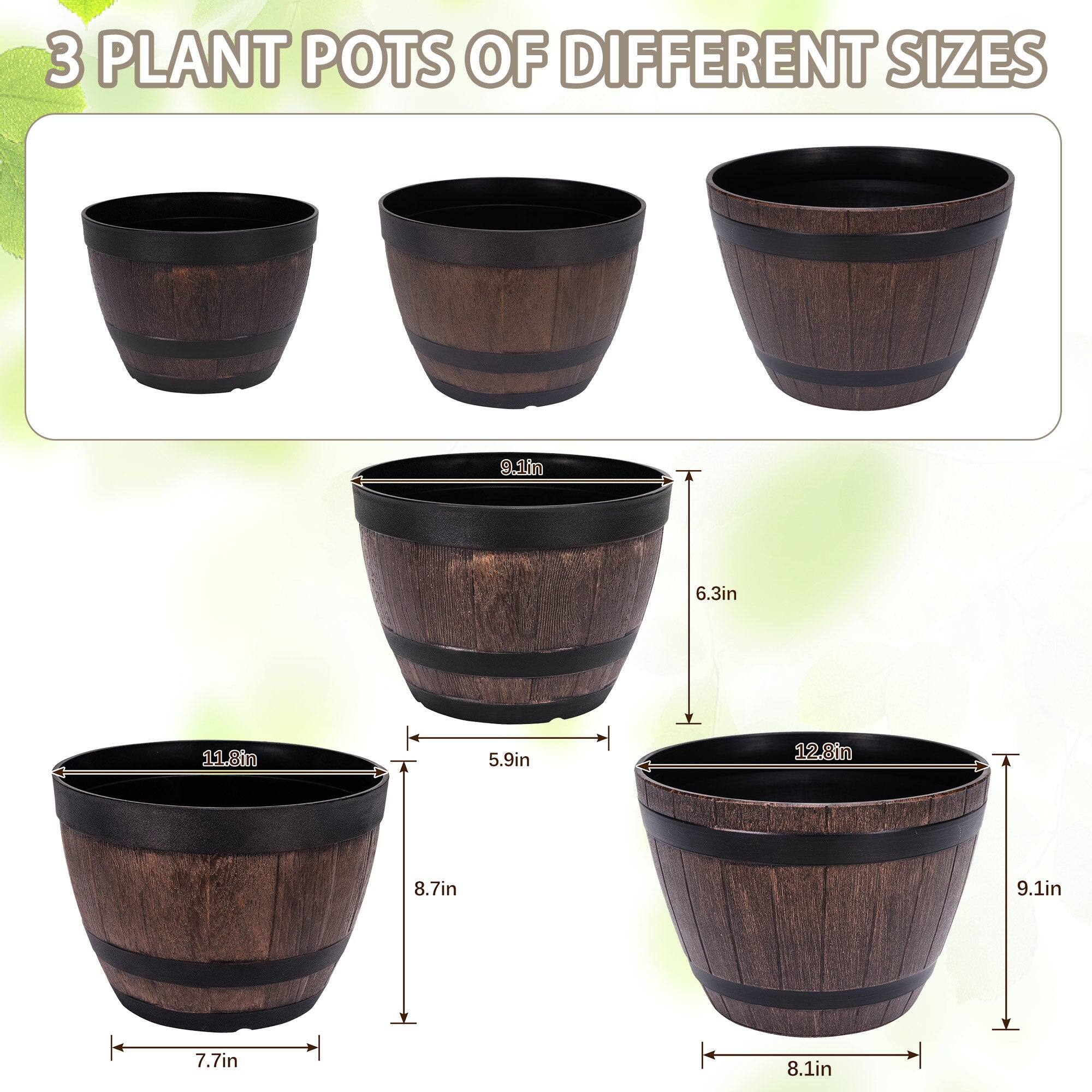3 Plant Pots of Different Sizes

- 6.3in (Diameter) x 5.9in (Height)
- 9.1in (Diameter) x 8.7in (Height)
- 12.8in (Diameter) x 9.1in (Height)