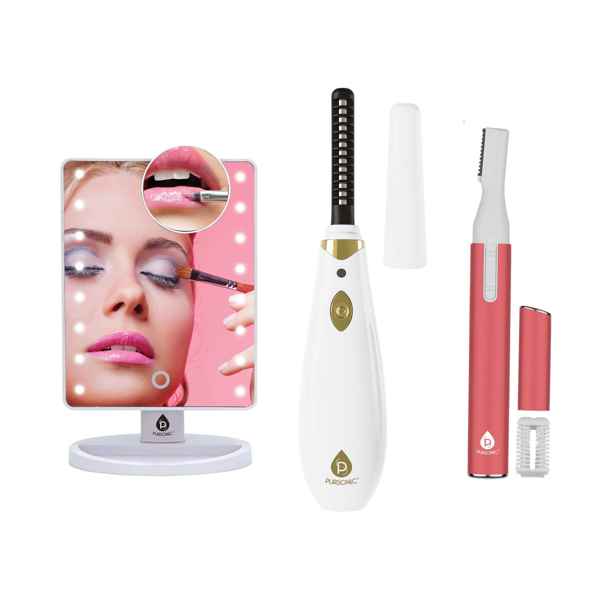 Pursonic - Facial Trimmer & Eyebrow Kit, Heated Eyelash Curler & Dimmable LED Vanity Mirror