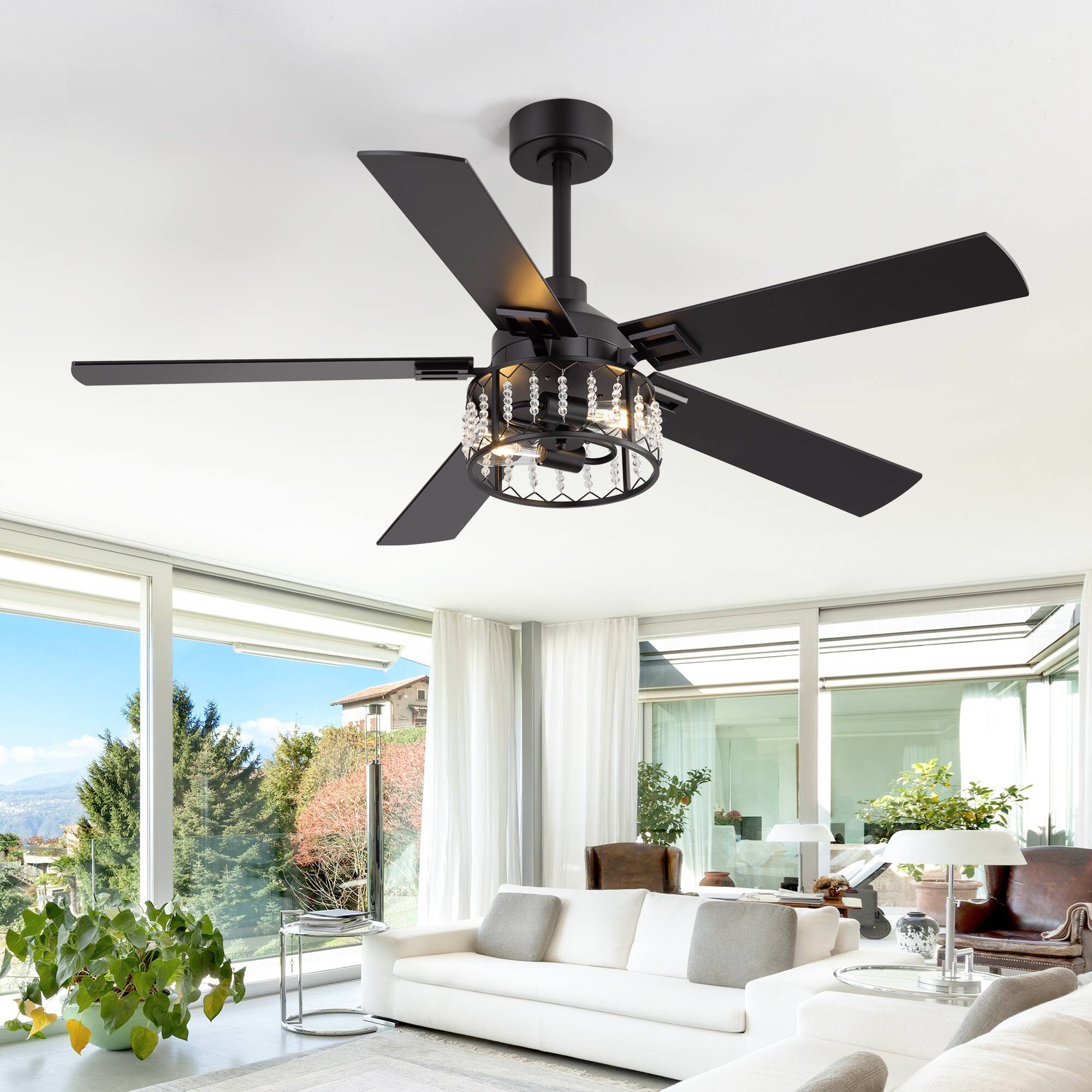Left. Breezary - 52-Inch Ceiling Fan with Light, Crystal Cage Shade, Dual-Color Reversible Plywood Blades, DC Motor, 2 Downrods - black and walnut.