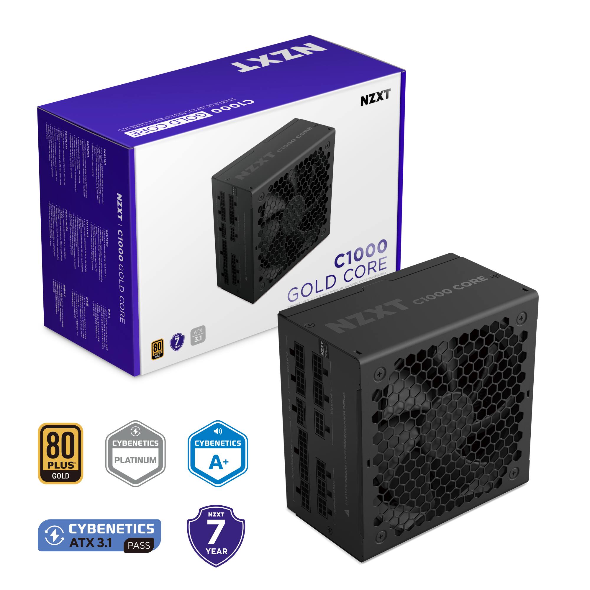 NZXT C1000 GOLD CORE
80 PLUS GOLD
CYBENETICS PLATINUM
CYBENETICS A+
CYBENETICS ATX 3.1 PASS
NZXT 7 YEAR WARRANTY
