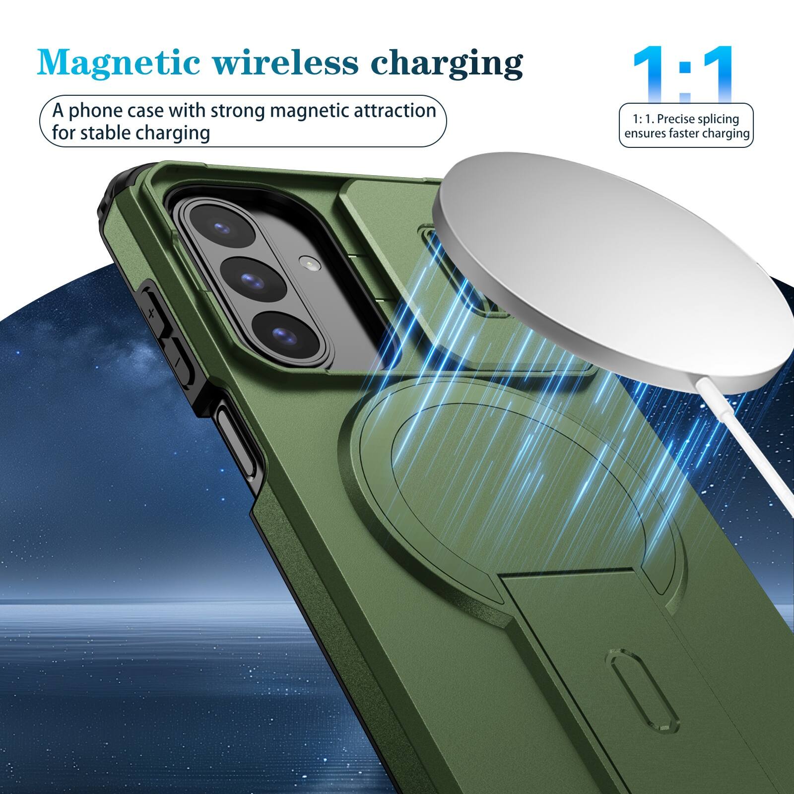 Magnetic wireless charging  
A phone case with strong magnetic attraction for stable charging  

1:1  
1:1. Precise splicing ensures faster charging