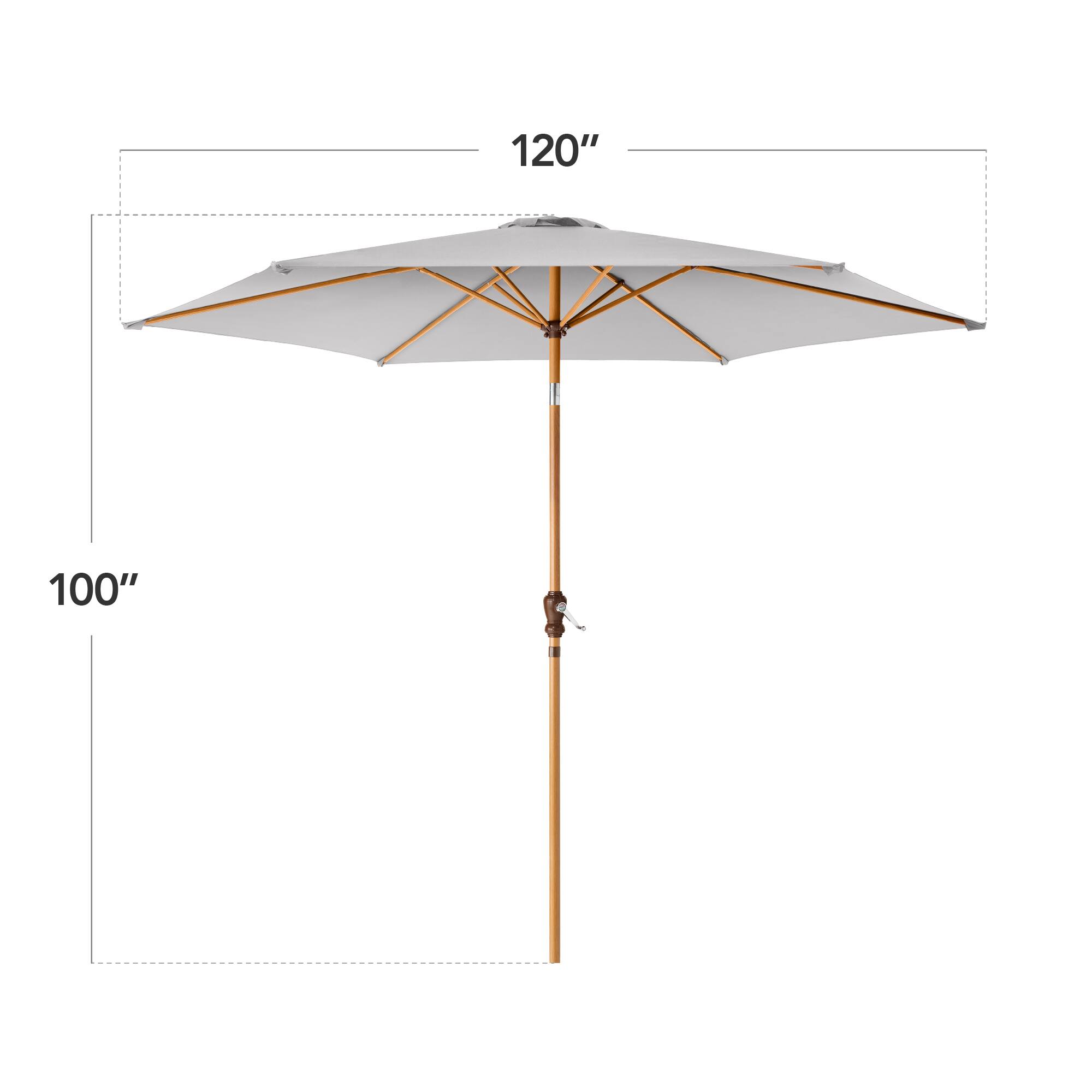 The text on the image shows the dimensions of an umbrella:

- The diameter of the umbrella is 120 inches.
- The height of the umbrella is 100 inches.