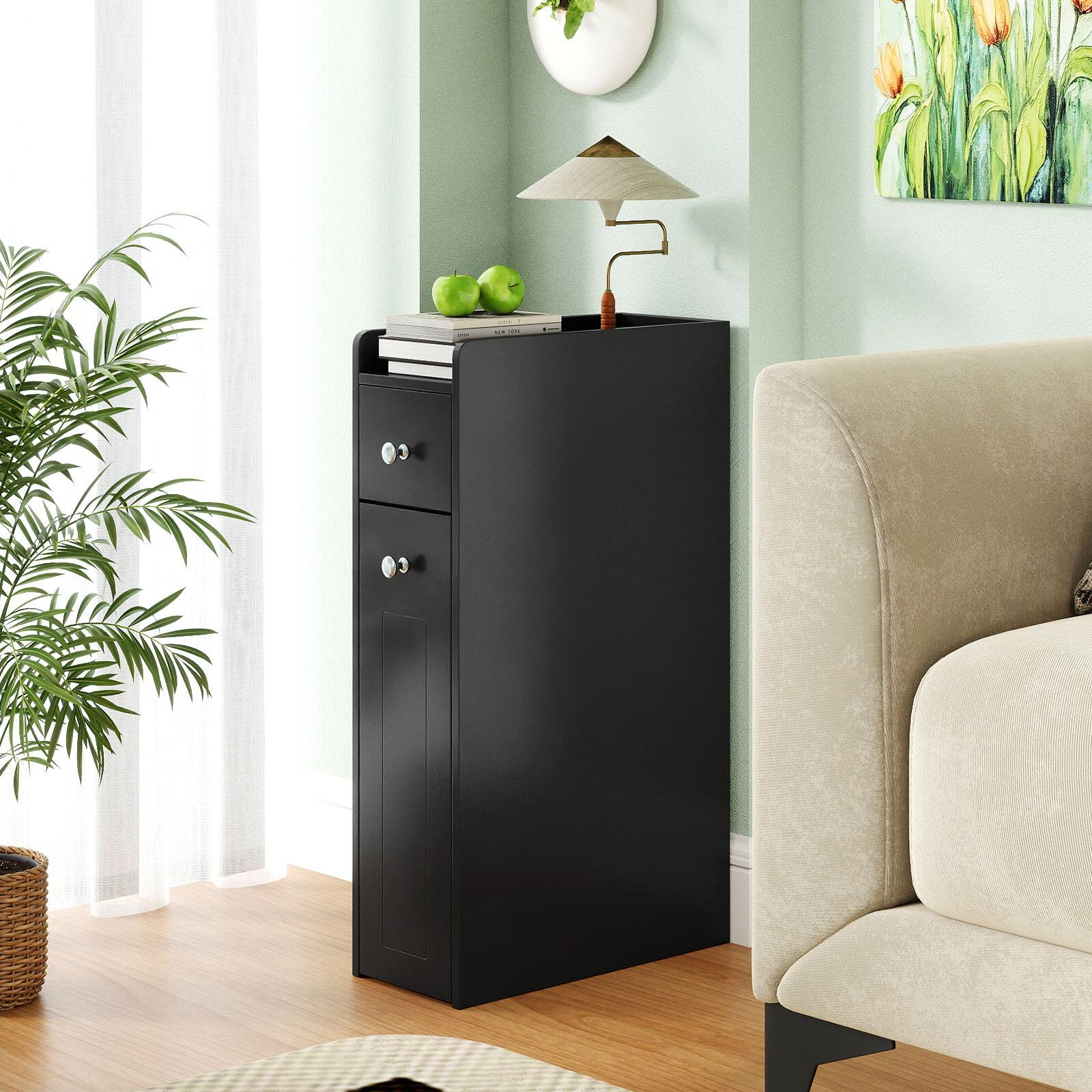 Alt View 4. Gymax - Gymax Small Bathroom Storage Cabinet 4-Tier Narrow Toilet Side Storage Cabinet Black - Black.