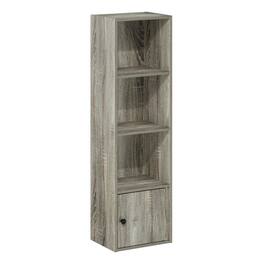 FurniFact - Wooden 4-Tier Shelf Bookcase with Door Storage Finish - French Oak