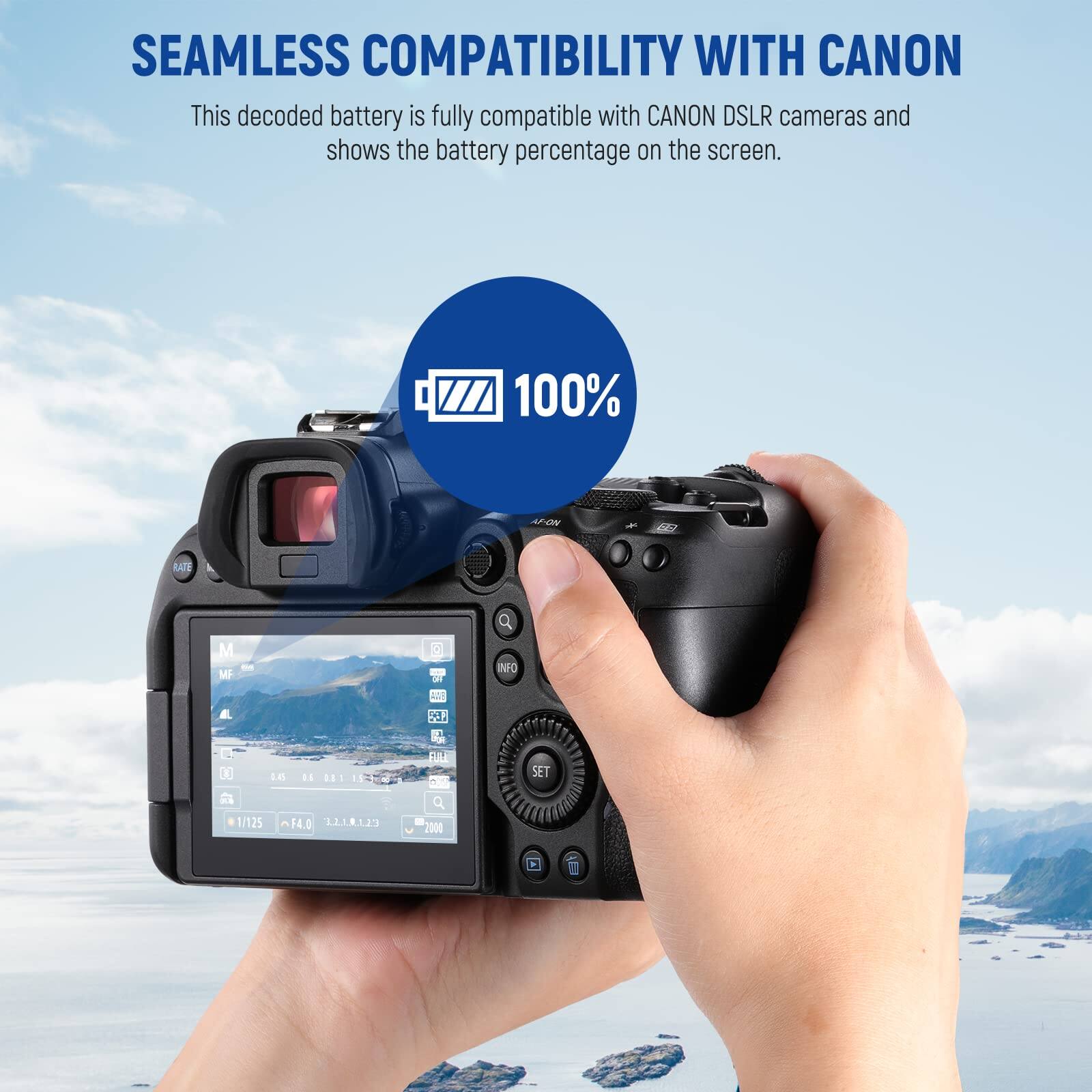 SEAMLESS COMPATIBILITY WITH CANON

This decoded battery is fully compatible with CANON DSLR cameras and shows the battery percentage on the screen.