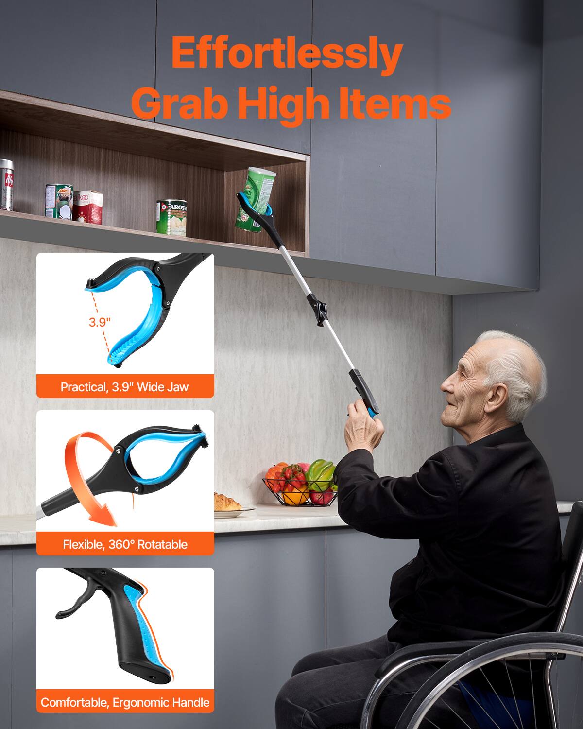 Effortlessly Grab High Items

- Practical, 3.9" Wide Jaw
- Flexible, 360° Rotatable
- Comfortable, Ergonomic Handle