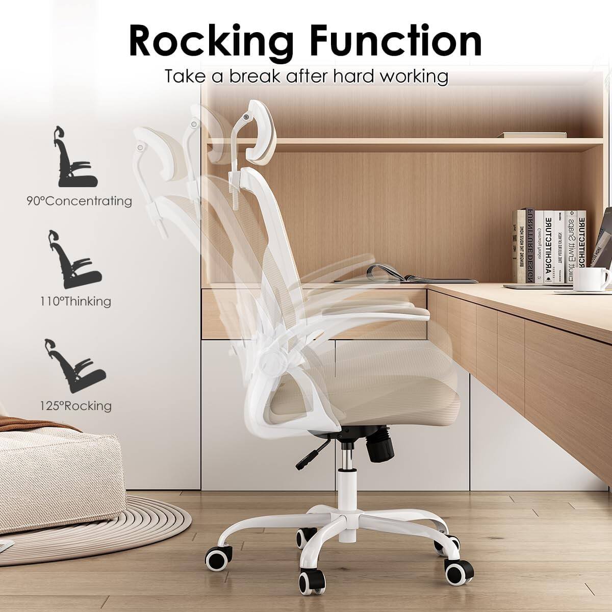 Rocking Function  
Take a break after hard working  

90° Concentrating  
110° Thinking  
125° Rocking