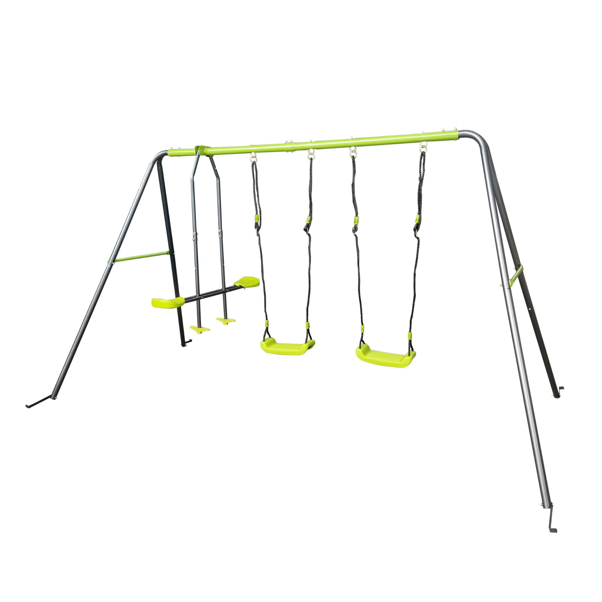 Alt View 2. Loheer - 11.16 ft Metal Swing Set with Face-to-Face Glider and 2 Belt Swings for Backyard - Lime green.
