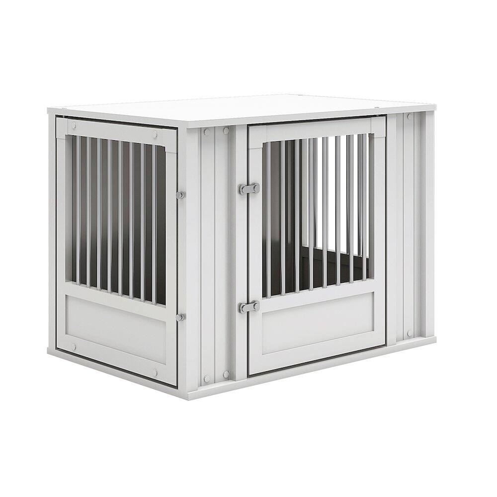 Angle. New Age Pet - Durable ECOFLEX Medium Dog Crate with Flexible Door Placement in Antique White.
