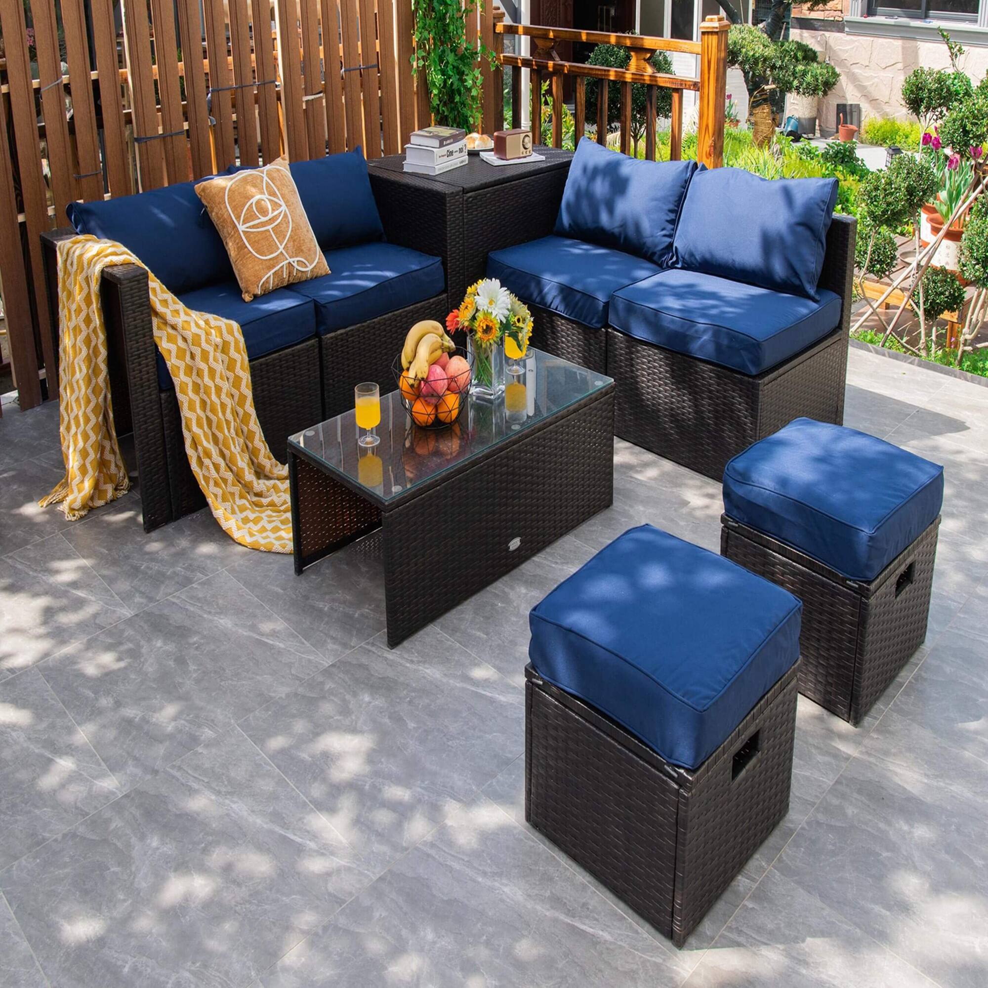 Alt View 1. Costway - Costway 8 PCS Outdoor Wicker Furniture Set with Storage Box Tempered Glass Table 2 Ottomans - Mix Brown,Off White,Navy.