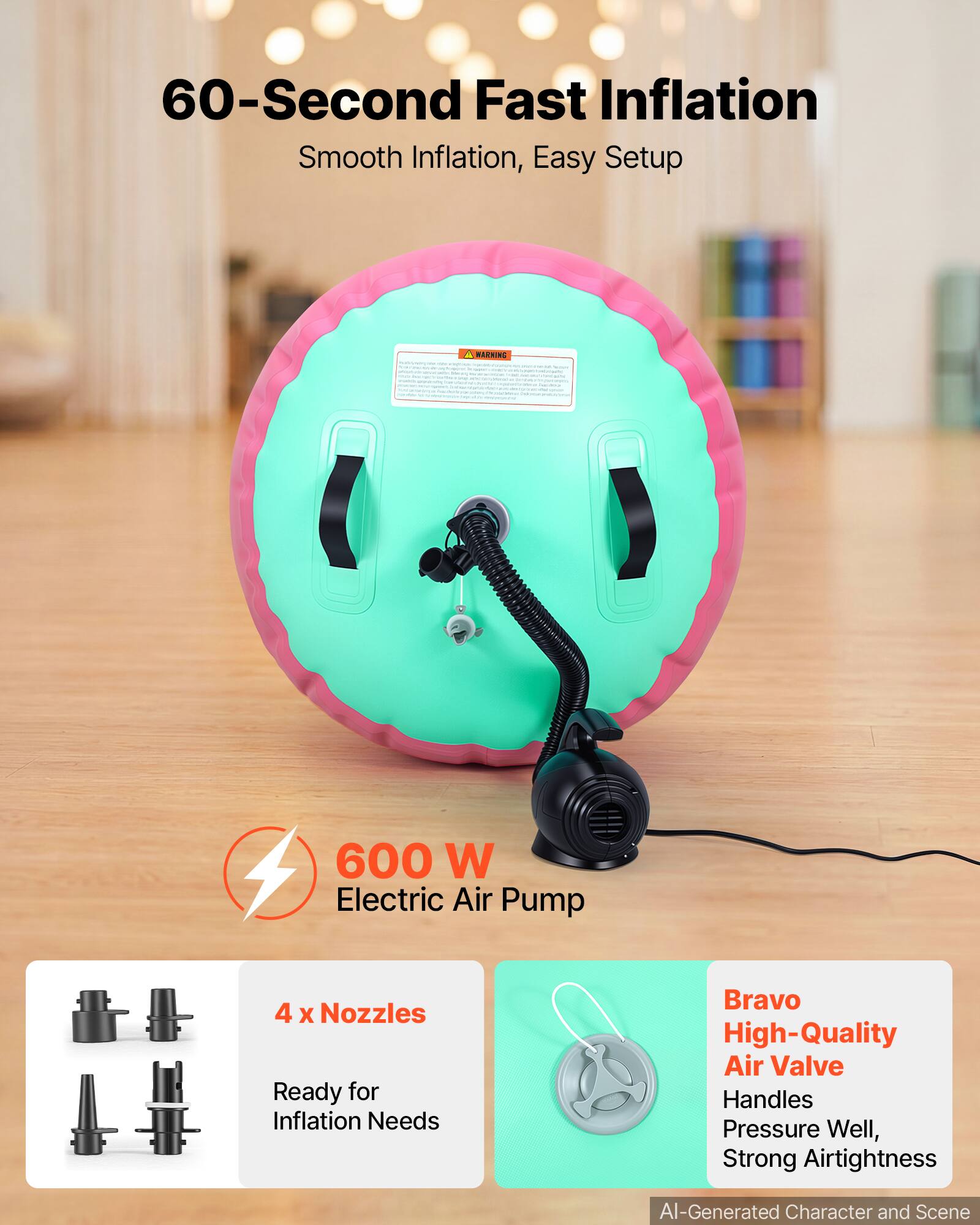 60-Second Fast Inflation  
Smooth Inflation, Easy Setup  

600 W Electric Air Pump  

4 x Nozzles  
Ready for Inflation Needs  

Bravo High-Quality Air Valve  
Handles Pressure Well, Strong Airtightness  

AI-Generated Character and Scene